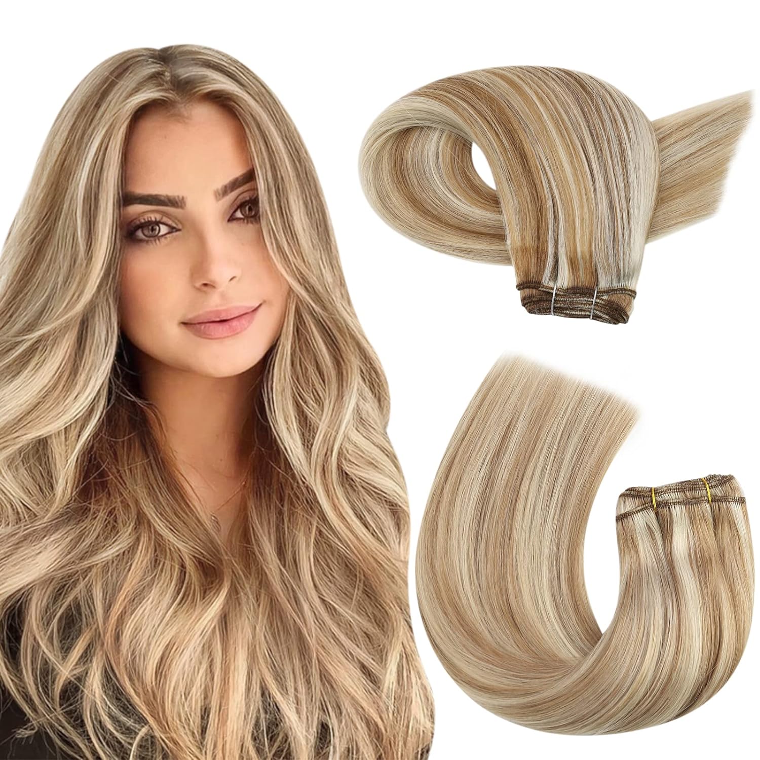 Moresoo Sew in Hair Extensions Real Human Hair Blonde Highlight Remy Weft Hair E...