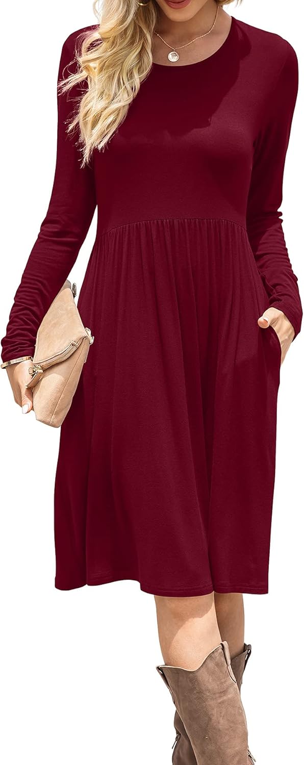 DB MOON Women Casual Long Sleeve Dresses Empire Waist Knee Length Loose Dress wi...