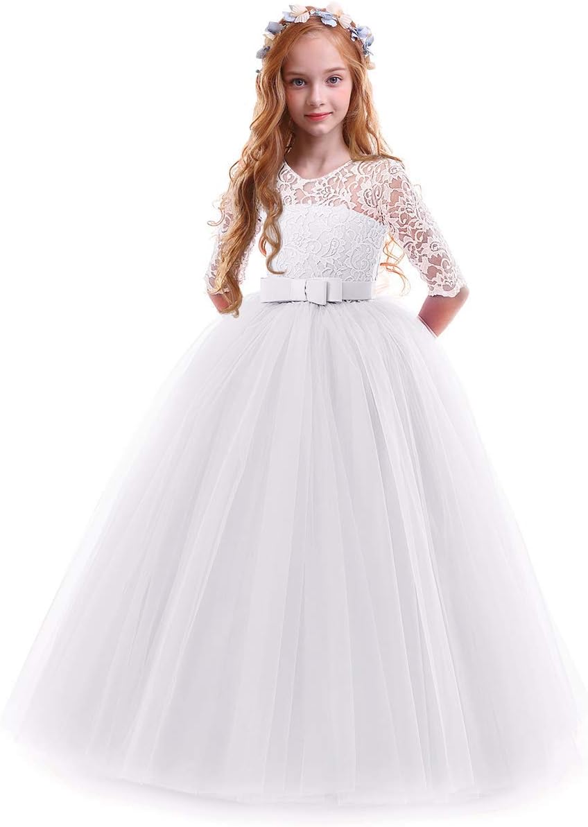 Girls Flower Vintage Floral Lace 3/4 Sleeves Floor Length Dress Wedding Party Ev...