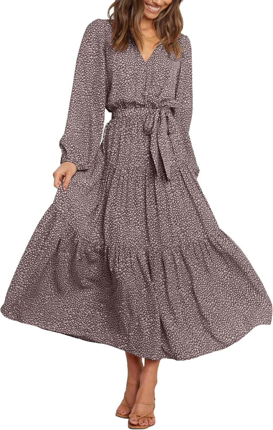 PRETTYGARDEN Womens Fall Long Sleeve Wrap V Neck Ruffle Floral Maxi Dress Casual...