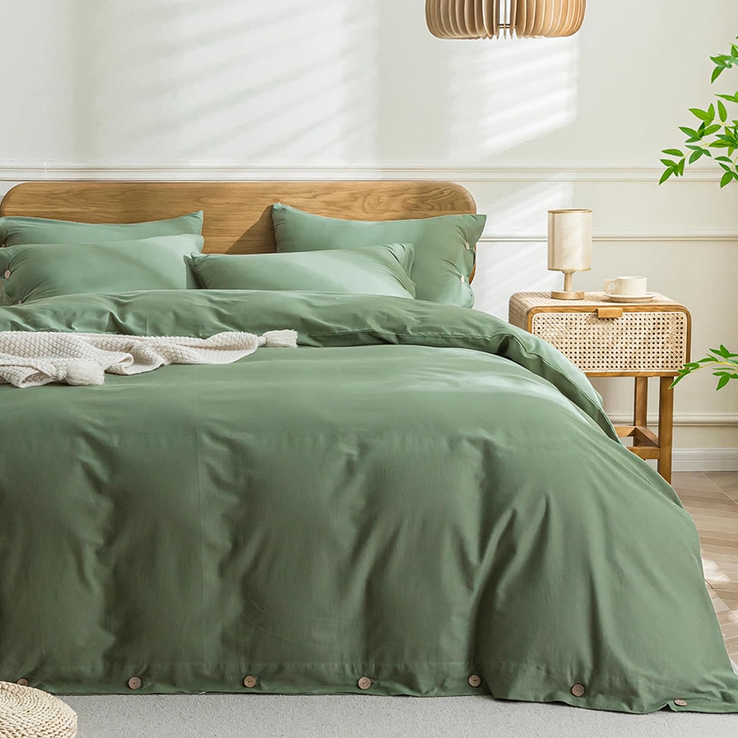 JELLYMONI Green Duvet Cover Queen Size - 100% Washed Cotton Linen Like Textured...