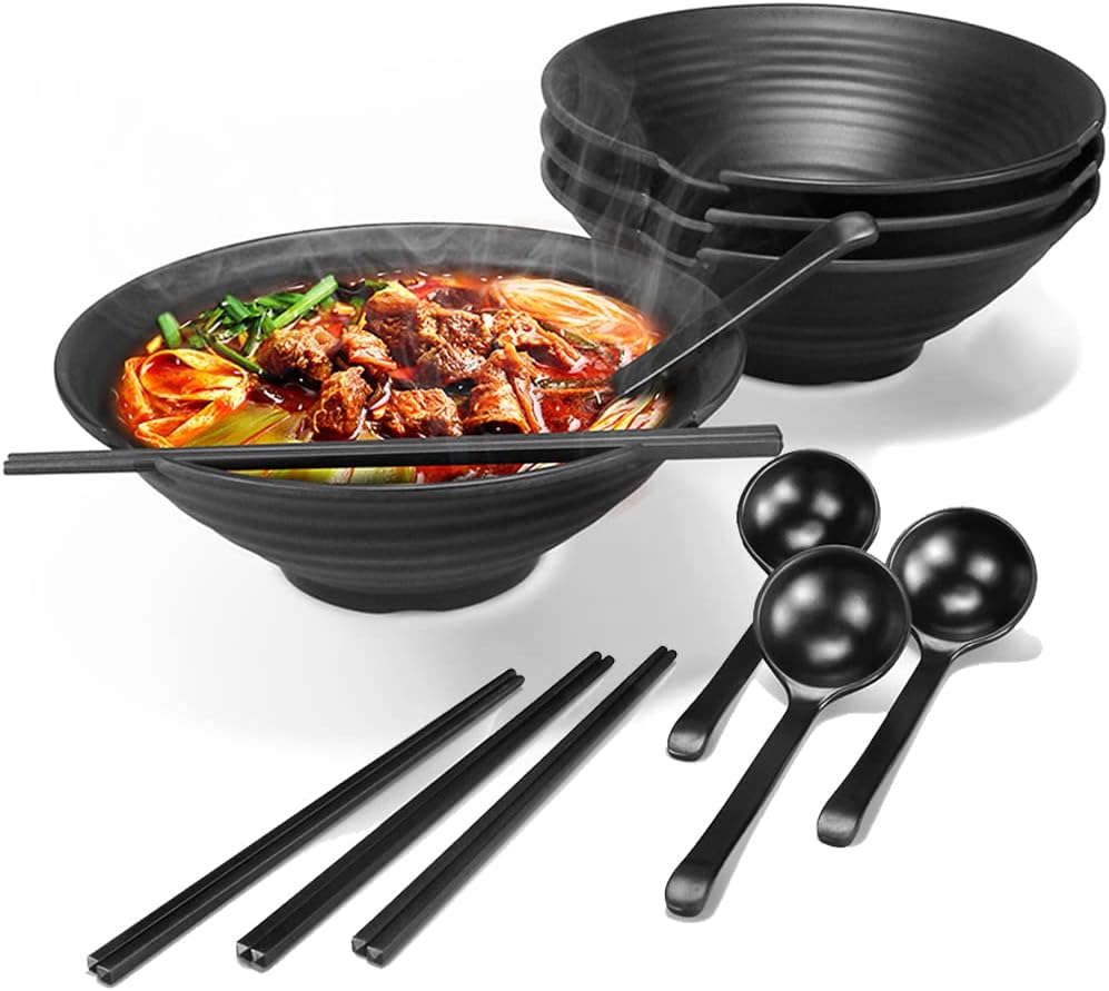 4 Set Large Noodle Ramen Bowl - Plastic Japanese Picnic Tableware for Pasta Dish...