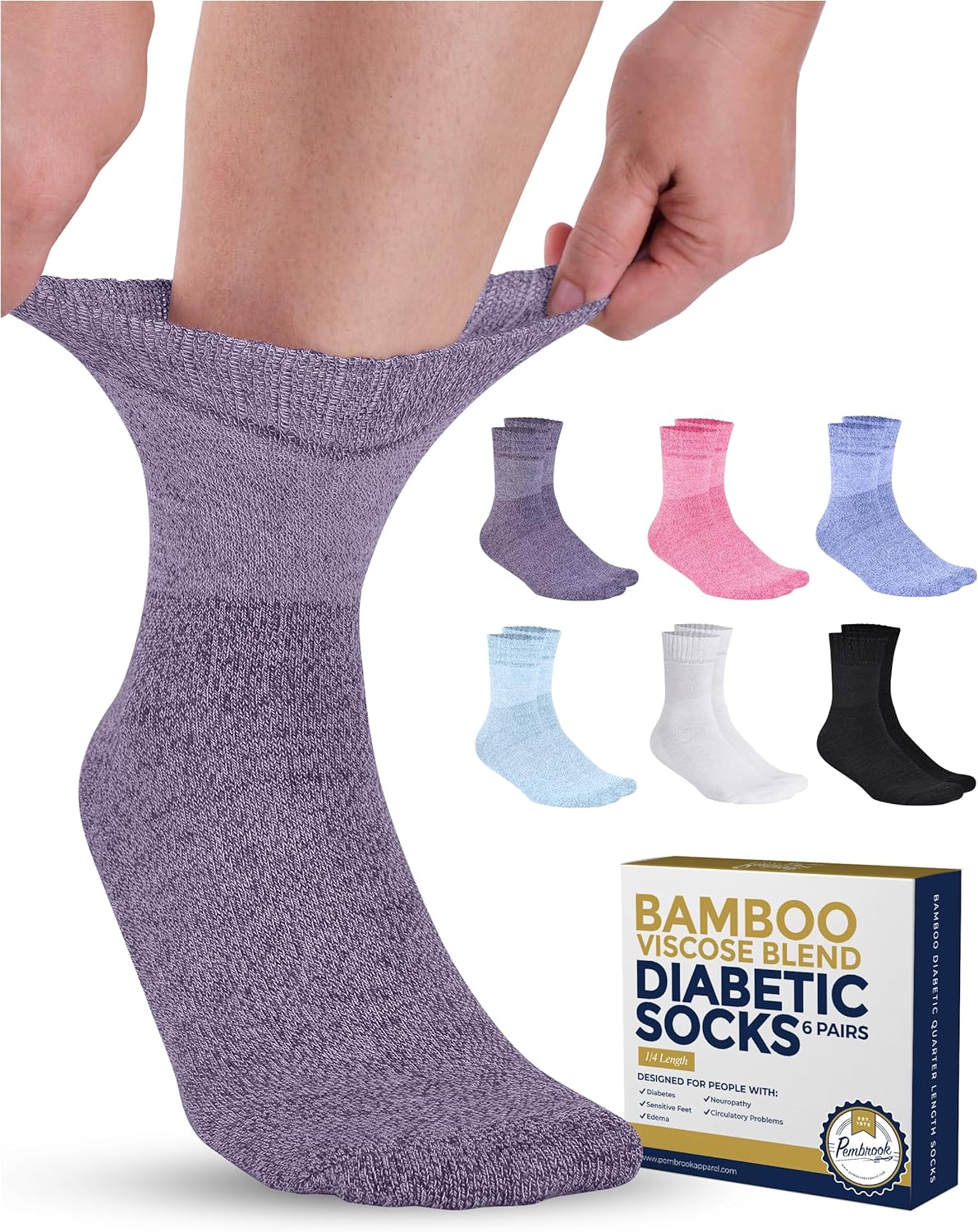 Pembrook Bamboo Viscose Diabetic Socks for Women & Men - 6 Pairs Ankle Socks for...