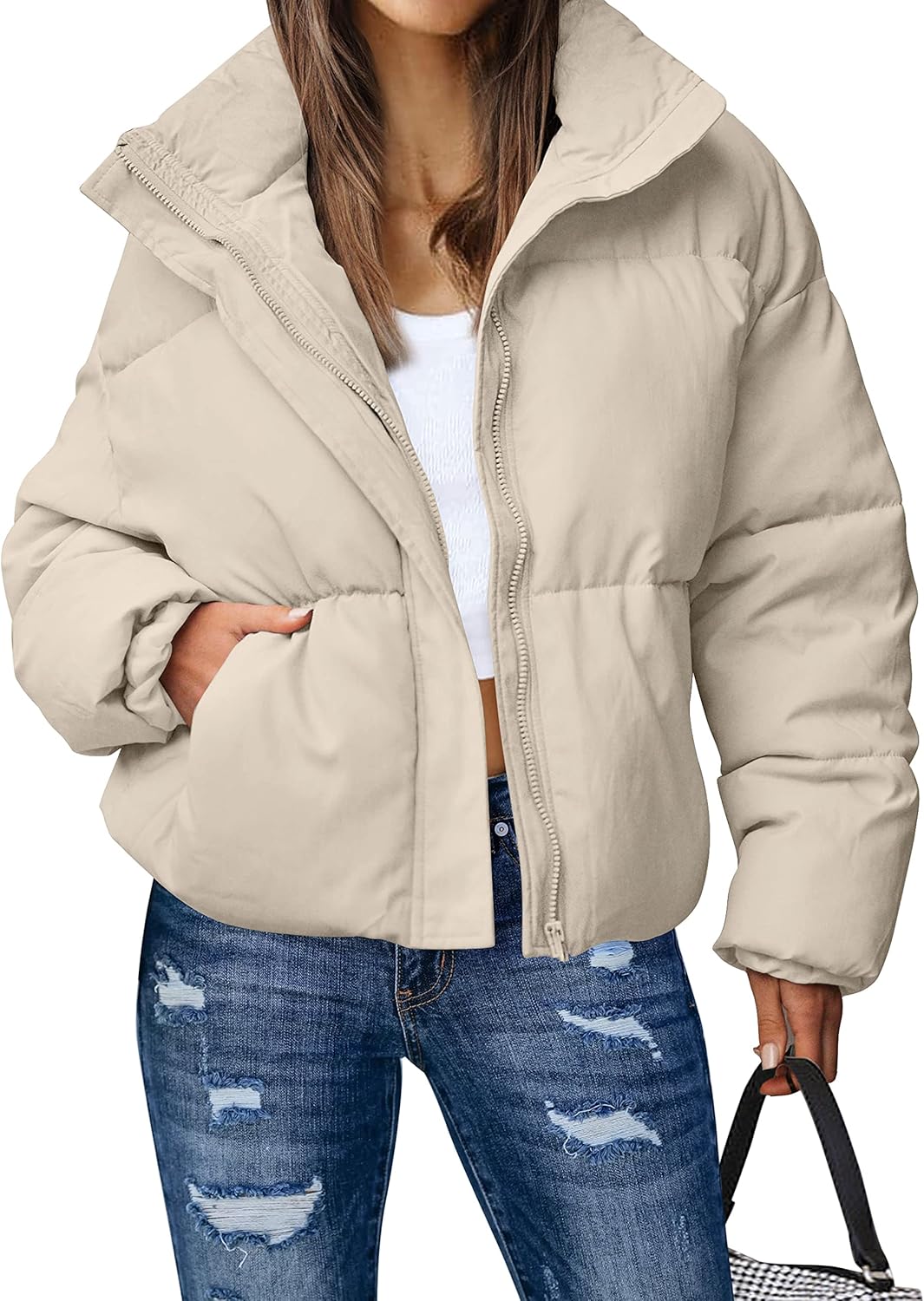 MEROKEETY Women's Winter Long Sleeve Zip Puffer Jacket Stand Collar Baggy Short...