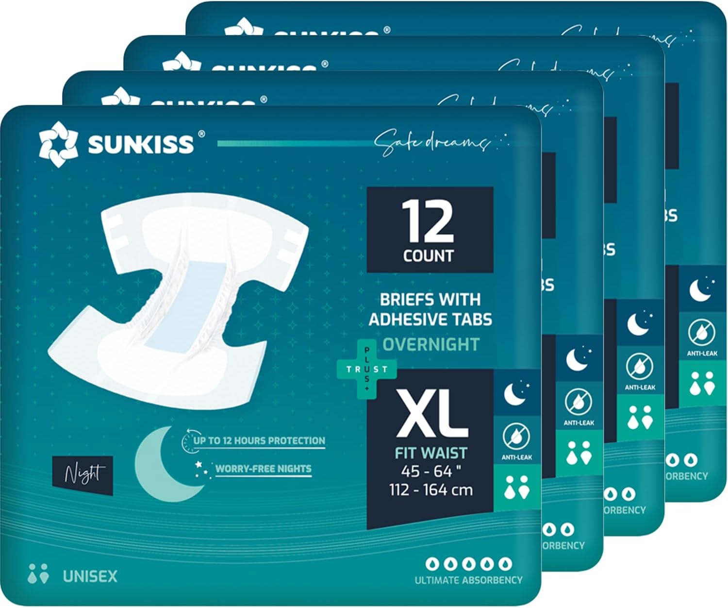 SUNKISS TrustPlus Overnight Adult Diapers with Ultimate Absorbency, Unisex Incon...