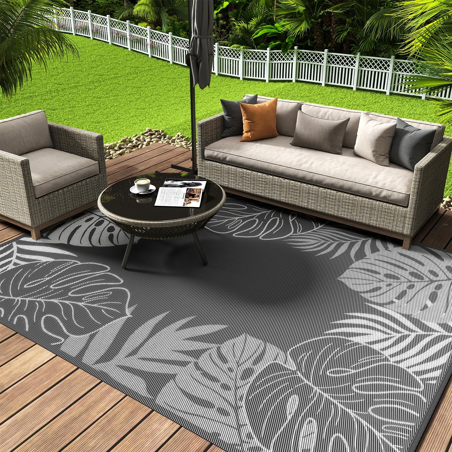 COCOER Outdoor Rug 8x10 Waterproof, Patio Rug, Reversible Tropical Outdoor Carpe...