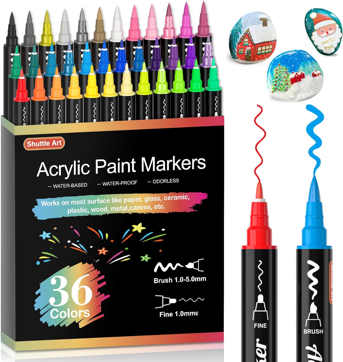 Shuttle Art Dual Tip Acrylic Paint Pens, 36 Colours Fine & Brush Paint Marker Pe...