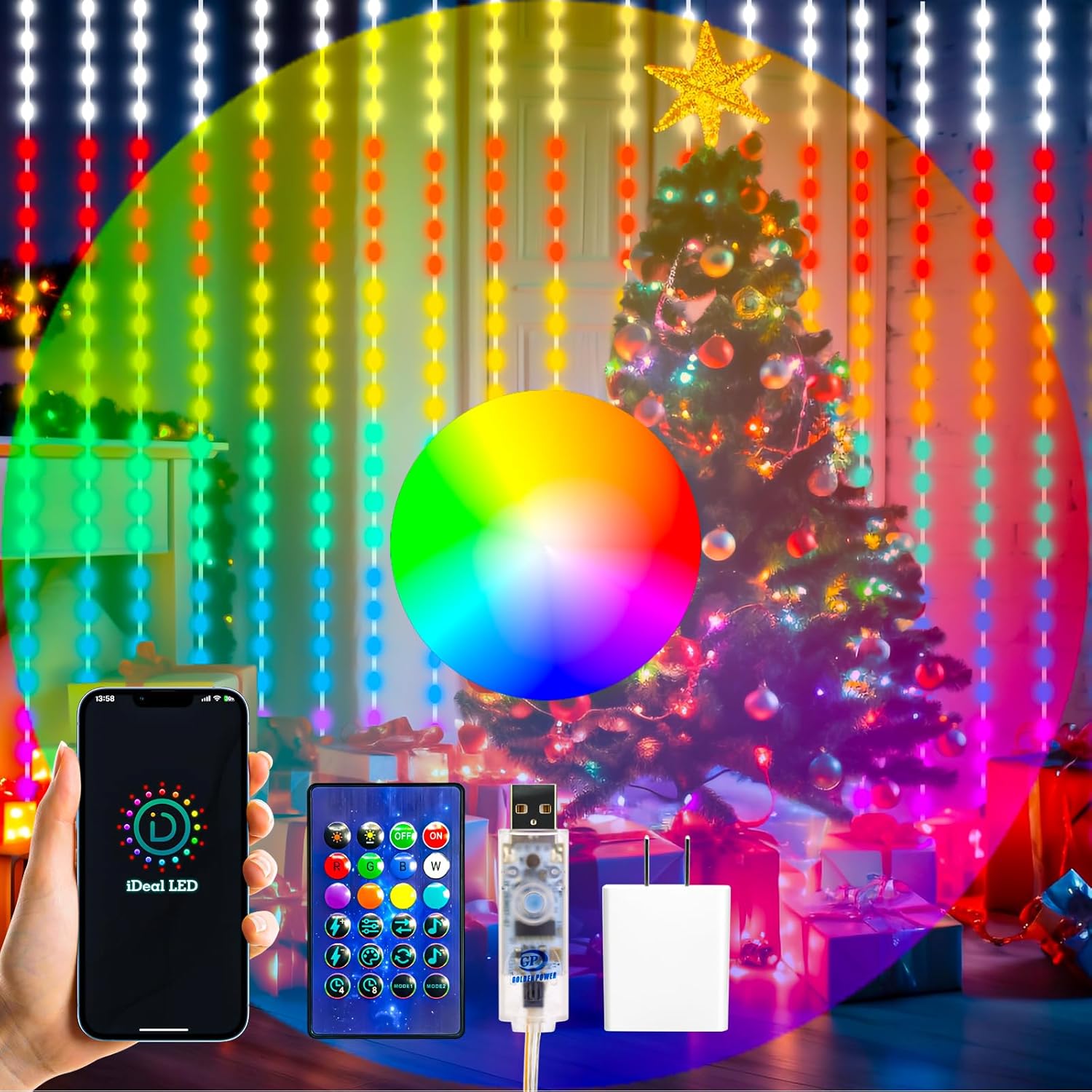 HXWEIYE 300LED Unlimited RGB Colors Changing Curtain Lights with Remote & APP Co...
