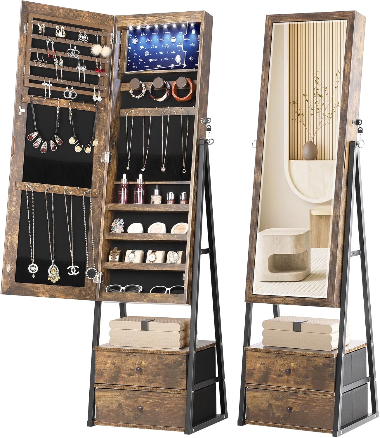 Nicetree Jewelry Cabinet Armoire with 2 Drawers, Lockable Standing Jewelry Mirro...