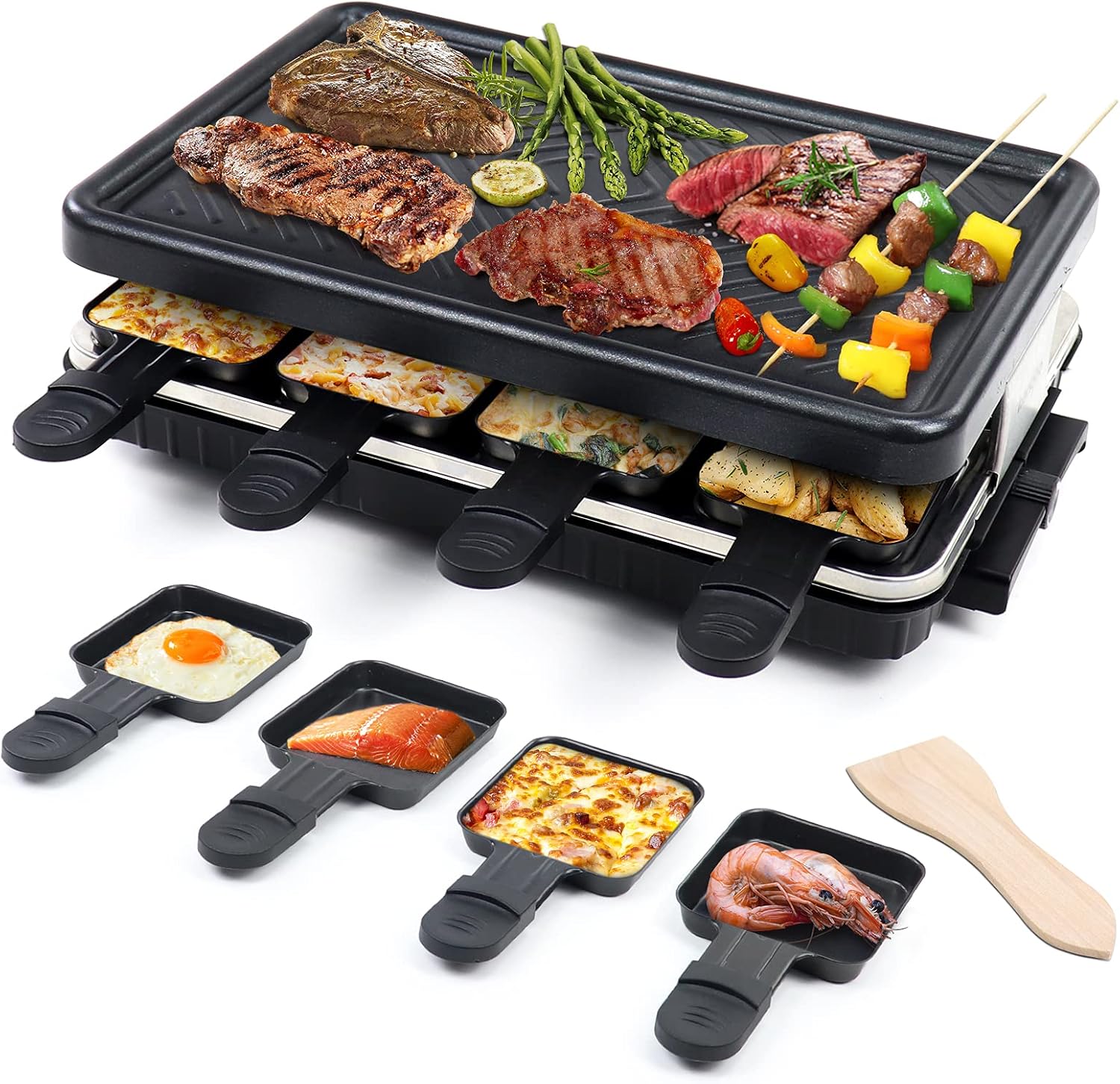Raclette Grill 8 People Non-Stick Coating Electric Grill Machine with 8 Mini Rac...