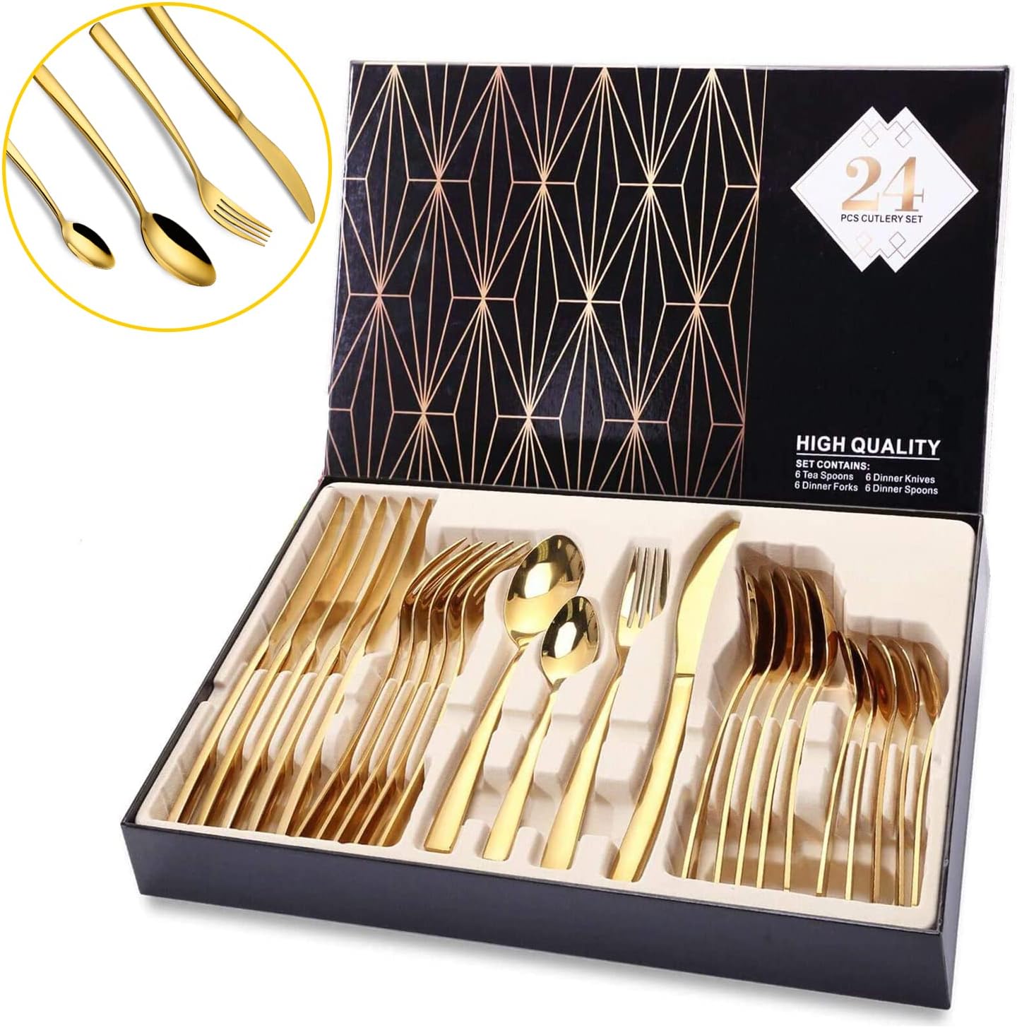 Gold Cutlery Set, 24 Piece Stainless Steel Flatware Silverware Set Fine Mirror G...