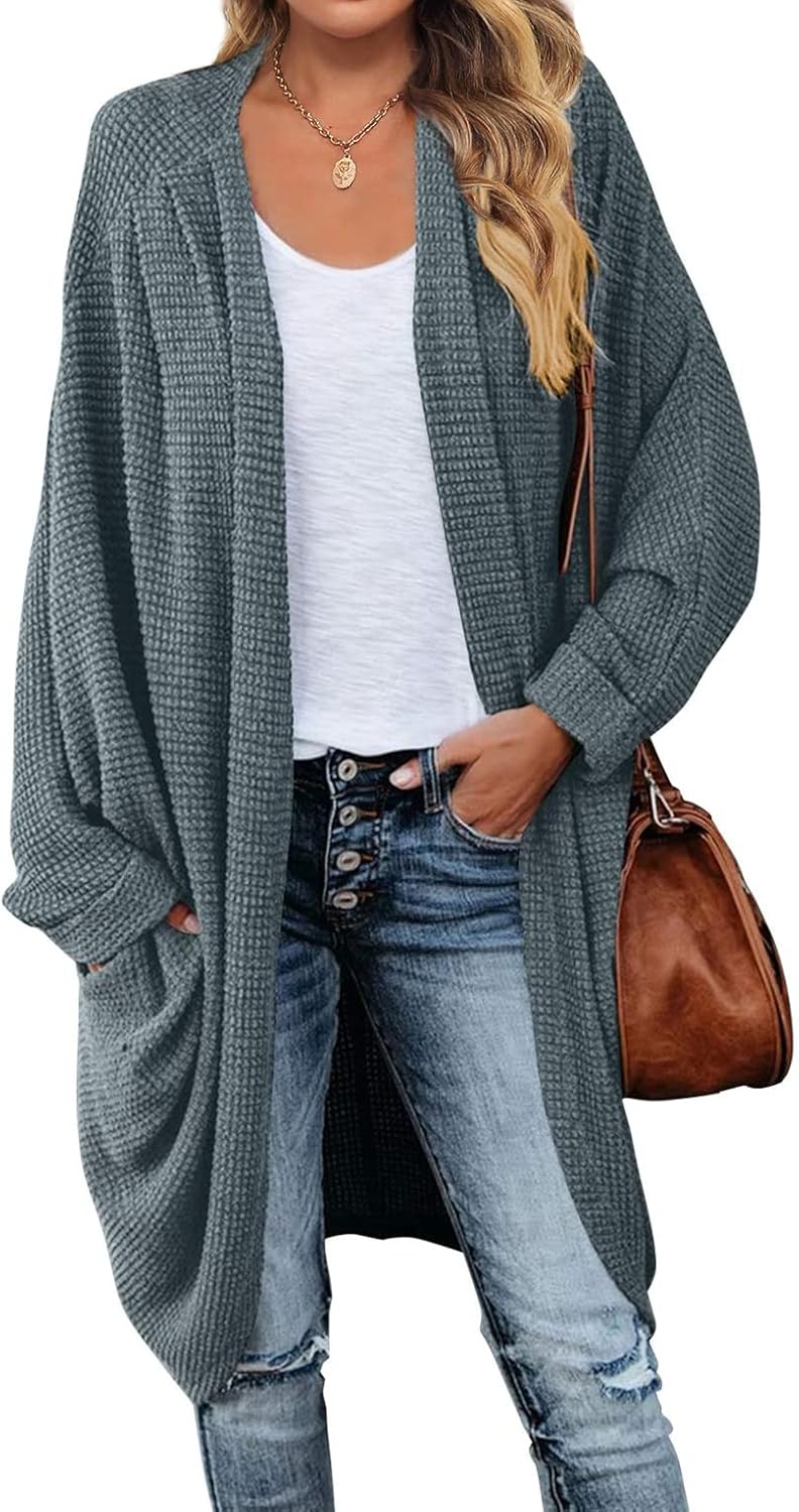 MEROKEETY Women's 2024 Fall Waffle Knit Batwing Long Sleeve Cardigan Loose Open...