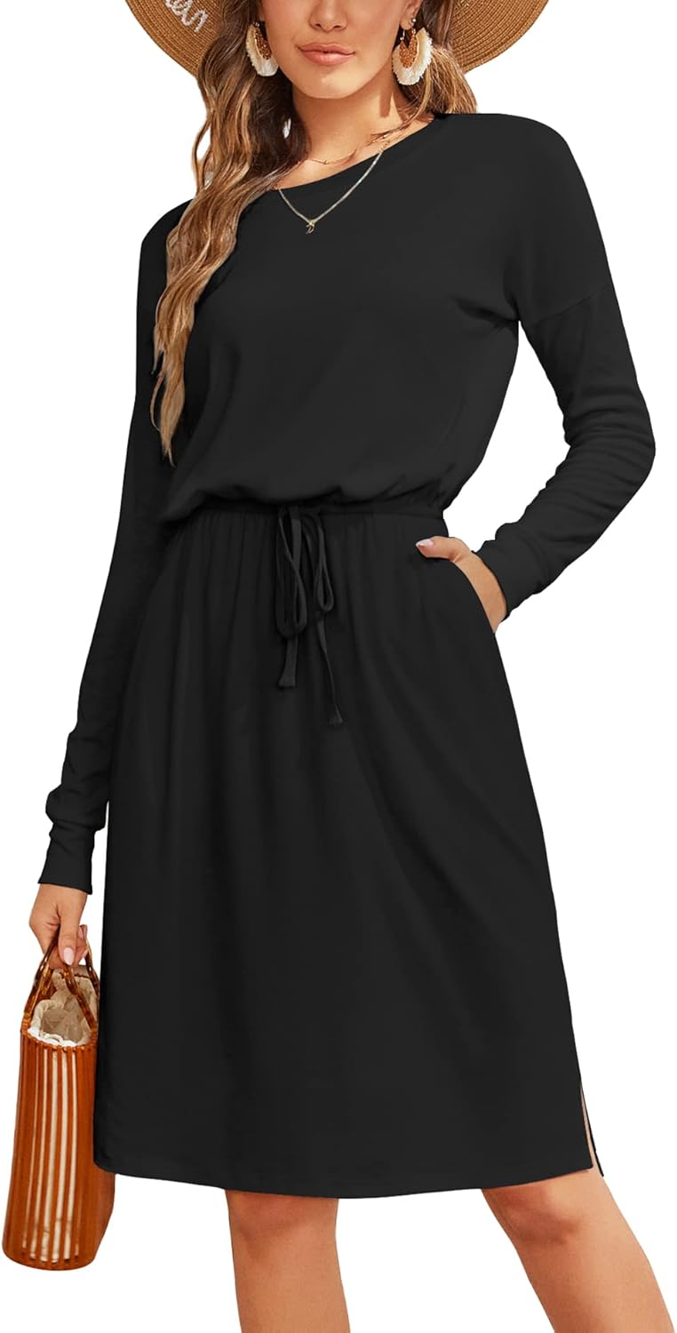 Simier Fariry Women Fall Long Sleeve Hide Belly Knee Casual Dress with Pockets S...