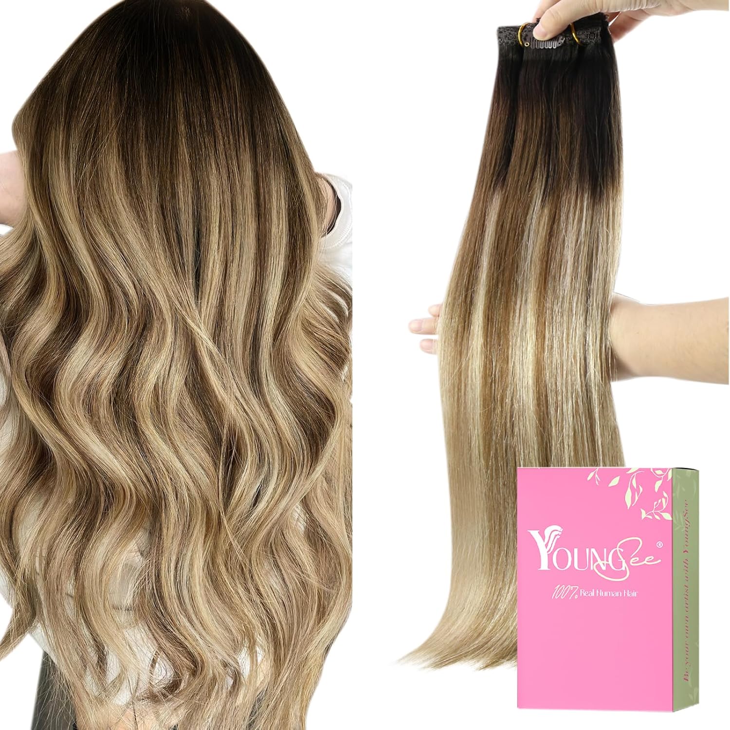 YoungSee Clip Hair Extensions Brown Balayage Straight Clip on Human Hair Extensi...