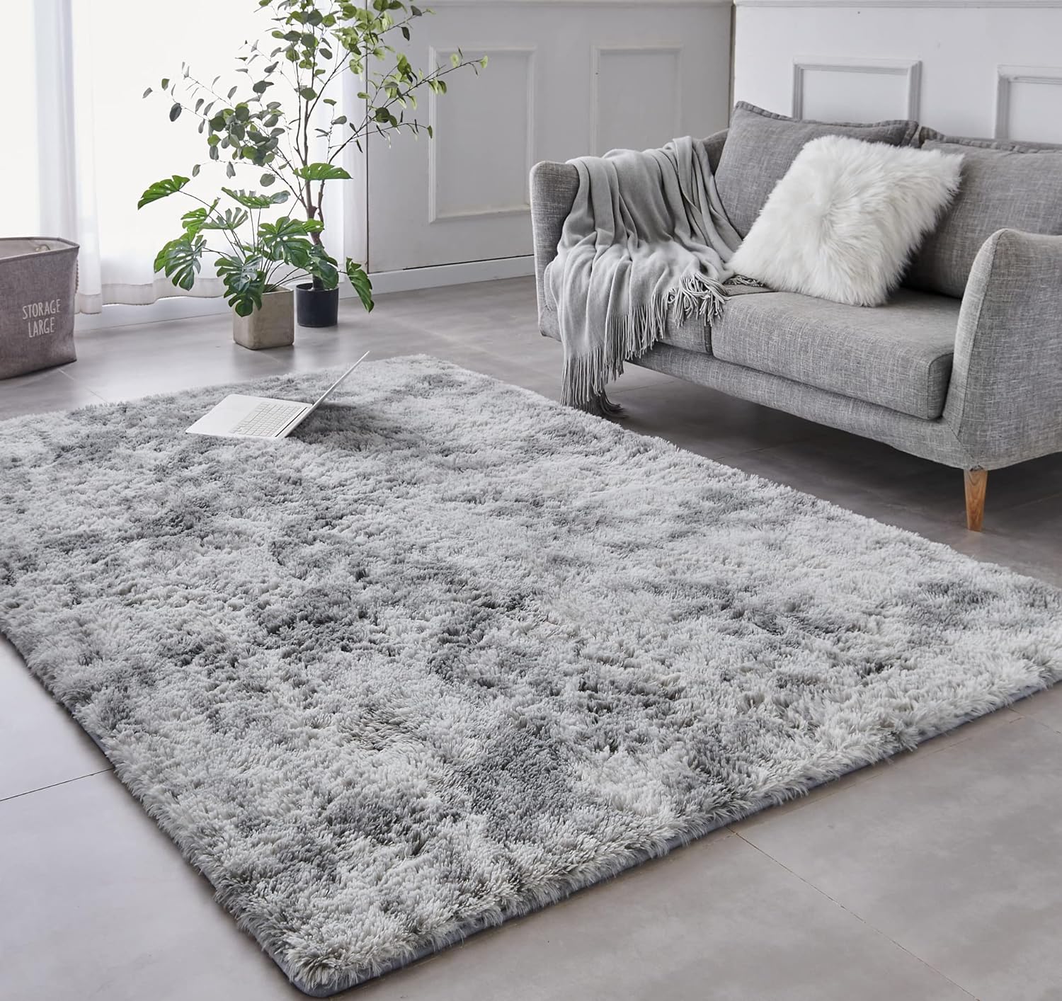 TABAYON Extra Large Shag Area Rug, 9x12 Feet Tie-Dyed Light Grey Indoor Ultra So...