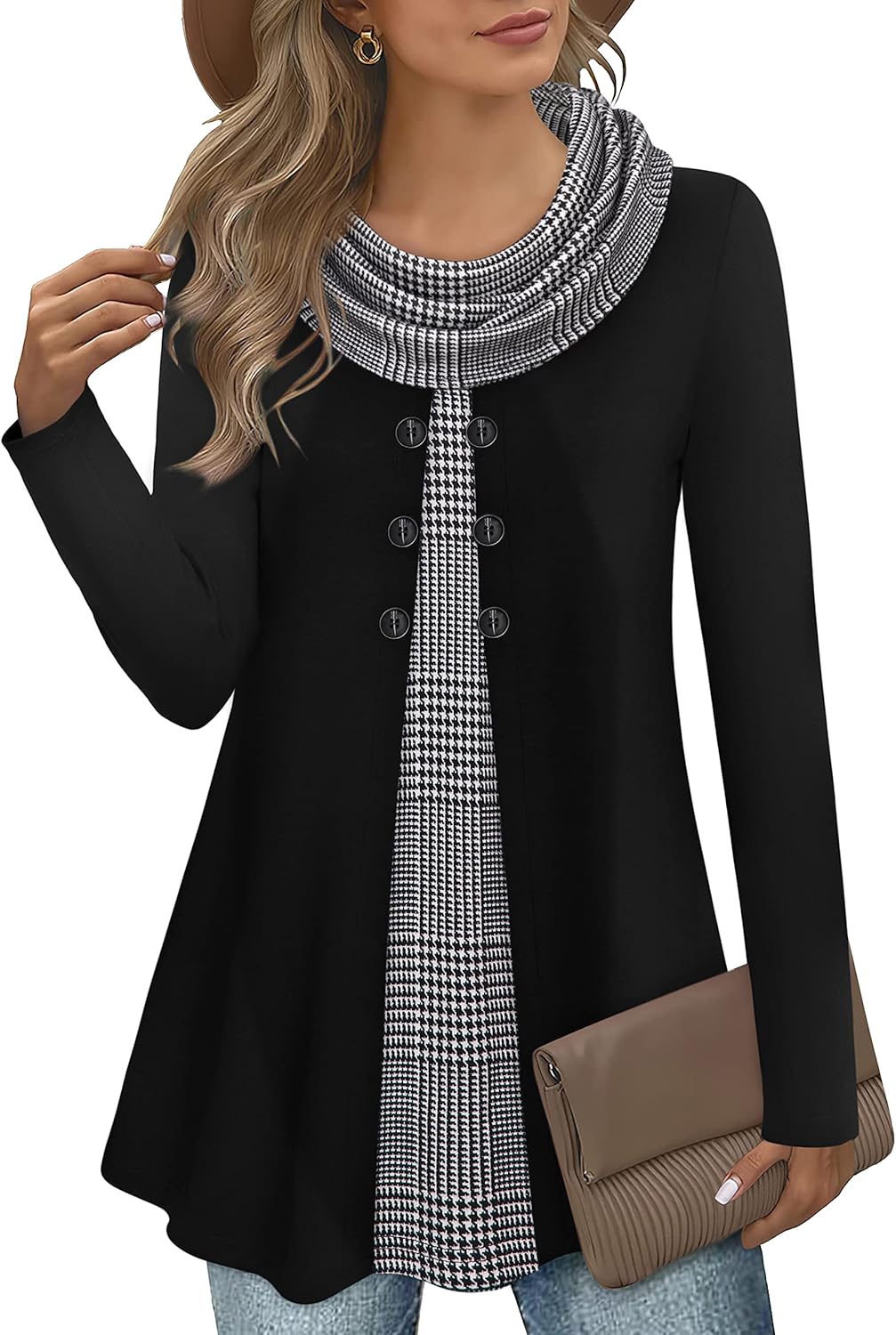 Bebonnie Womens Long Sleeve Cowl Neck Warm Splicing Tunic Tops with Buttons Houn...
