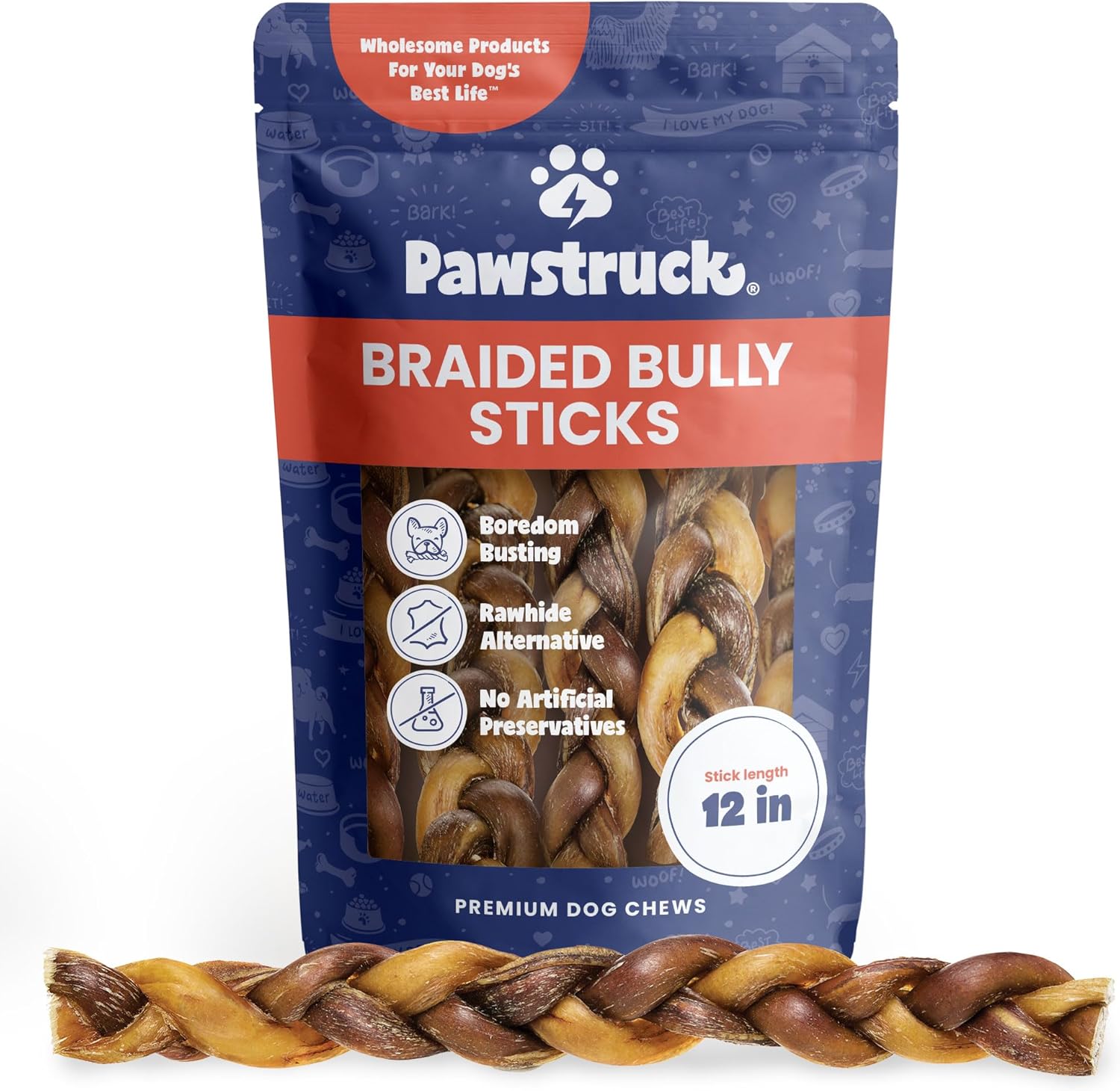 Pawstruck Natural 12” Braided Bully Sticks for Dogs - Tough Long Lasting, Rawhid...