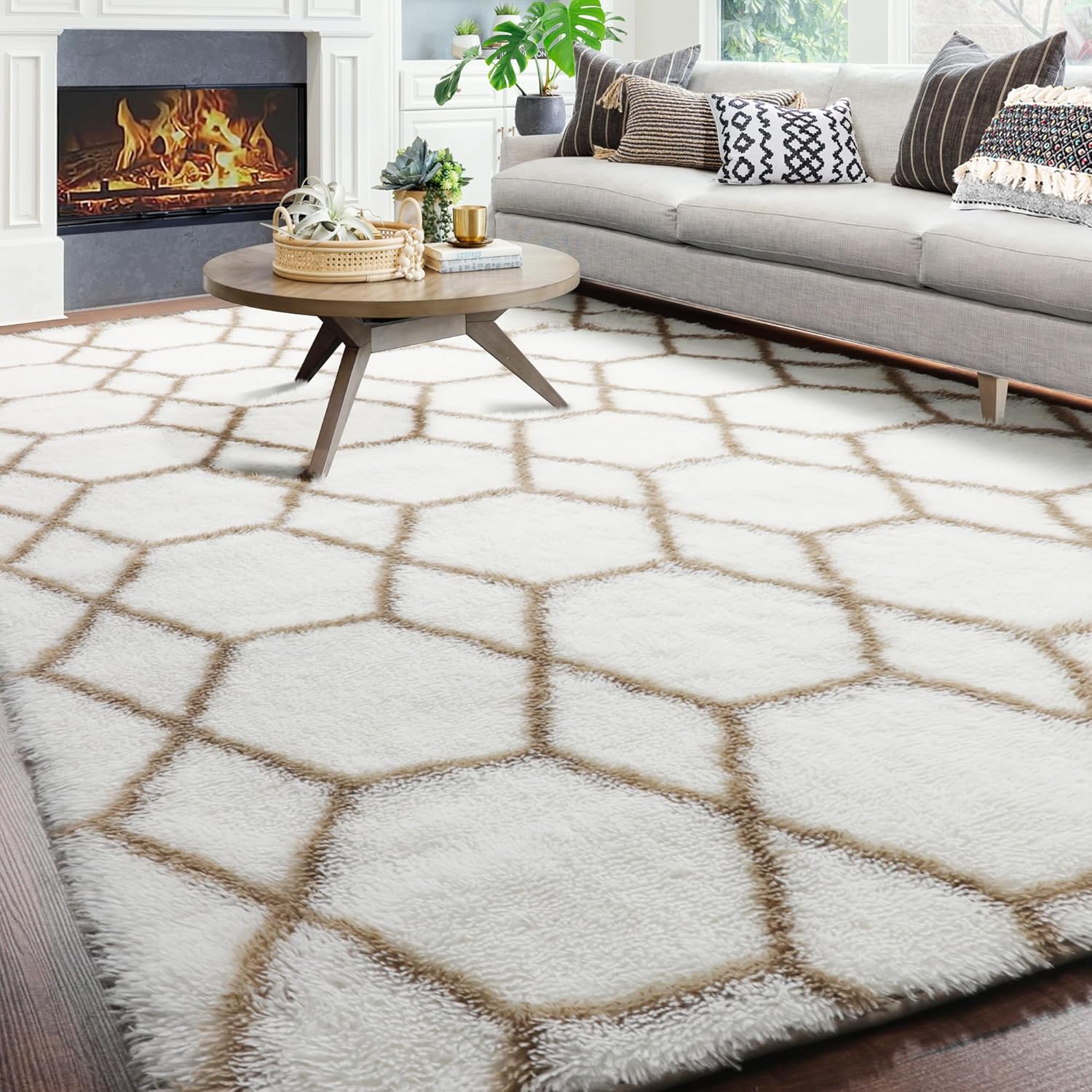 ONASAR Large Geometric Area Rug for Living Room, 7x10 White and Beige Floor Rug,...