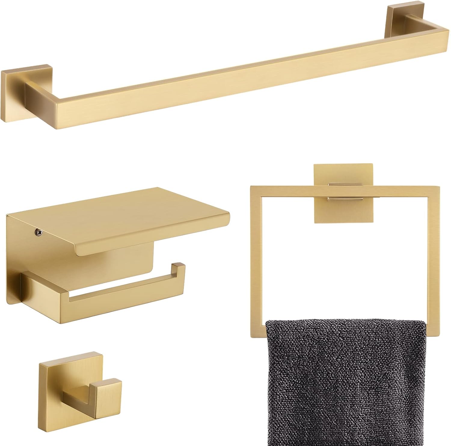 Brushed Gold Bathroom Towel Bar Holder Sets Premium Stainless Steel 4-Piece Bath...