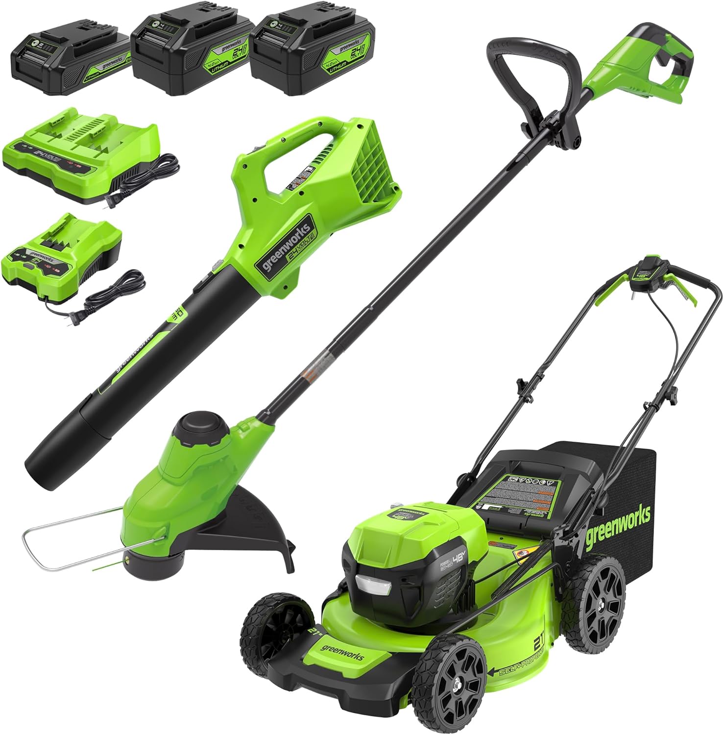 Greenworks 48V (2x24V) 21" Cordless Battery Self-Propelled Mower, 10" String Tri...