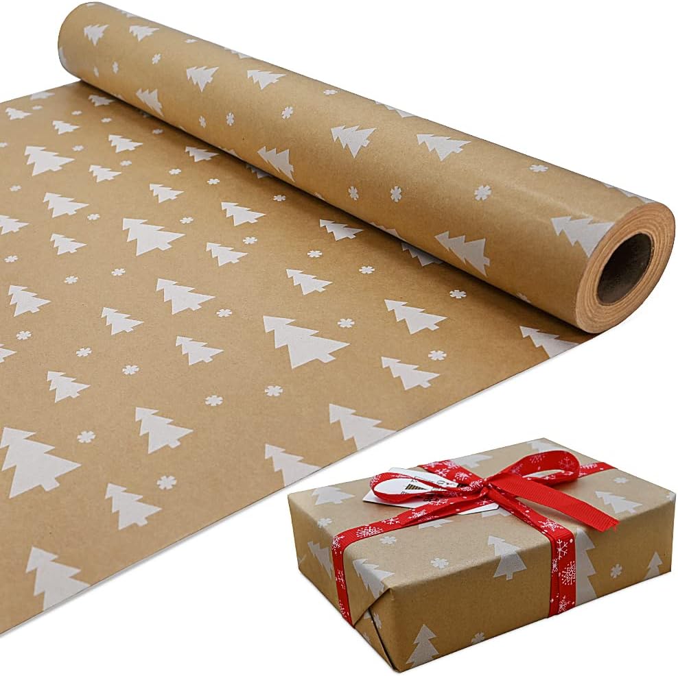 15m Roll of Kraft White Tree Wrapping Paper Roll,100% Recyclable ECO Gift For Bi...