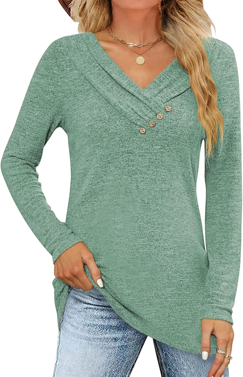 Women's Fall Long Sleeve Tunic Tops for Leggings V Neck Button Casual Blouse Swe...