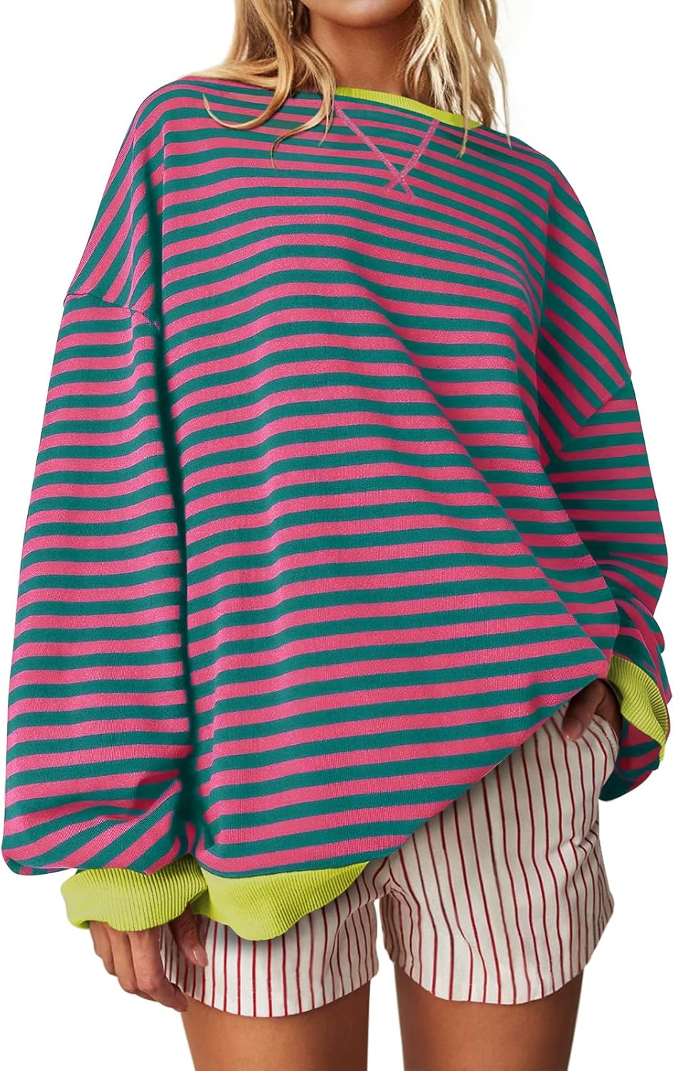 UEU Women Oversized Striped Crewneck Sweatshirt Long Sleeve Color Block Pullover...