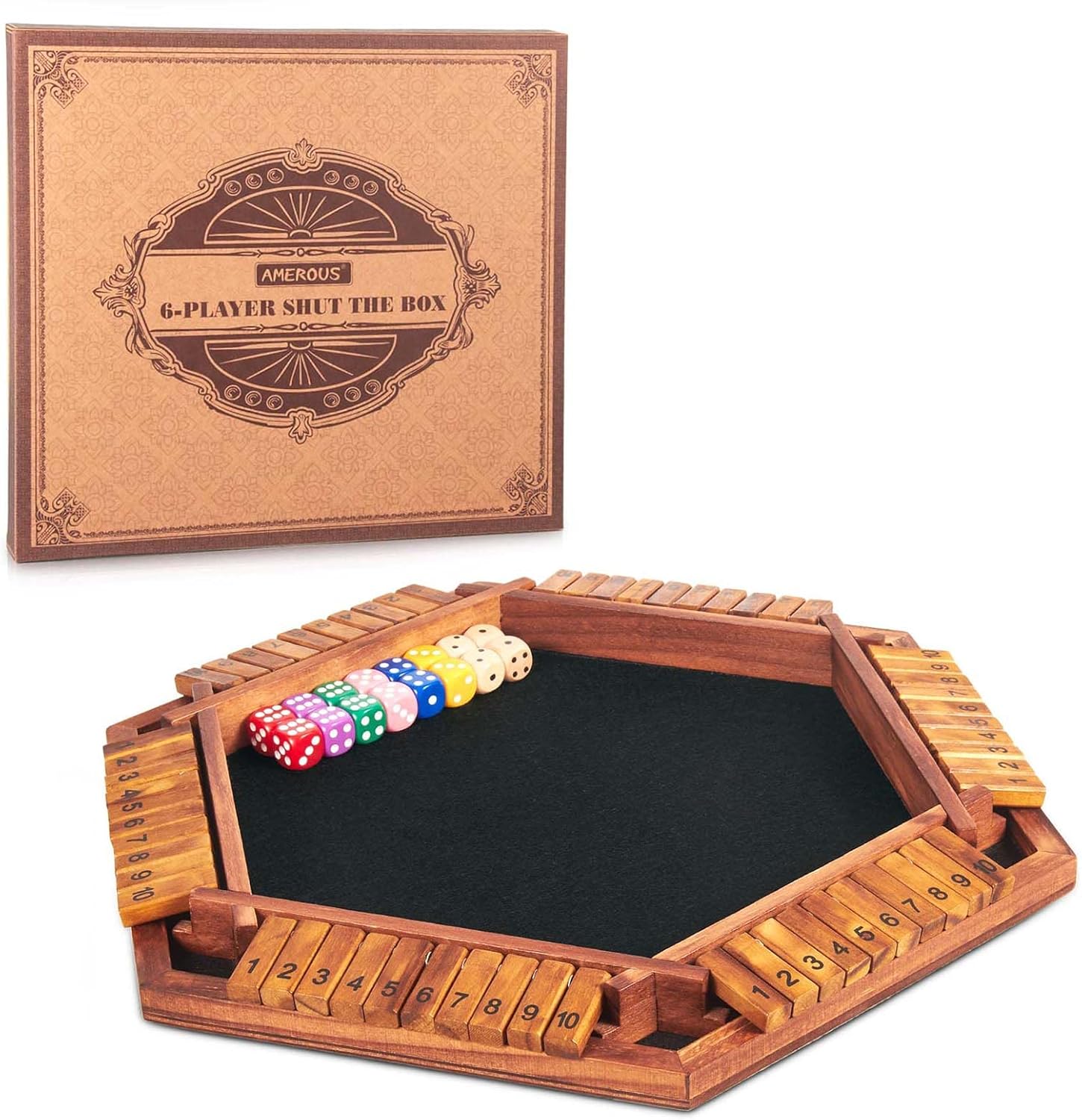 AMEROUS Upgraded 1-6 Players Shut The Box Dice Game, Wooden Board Table Math Gam...