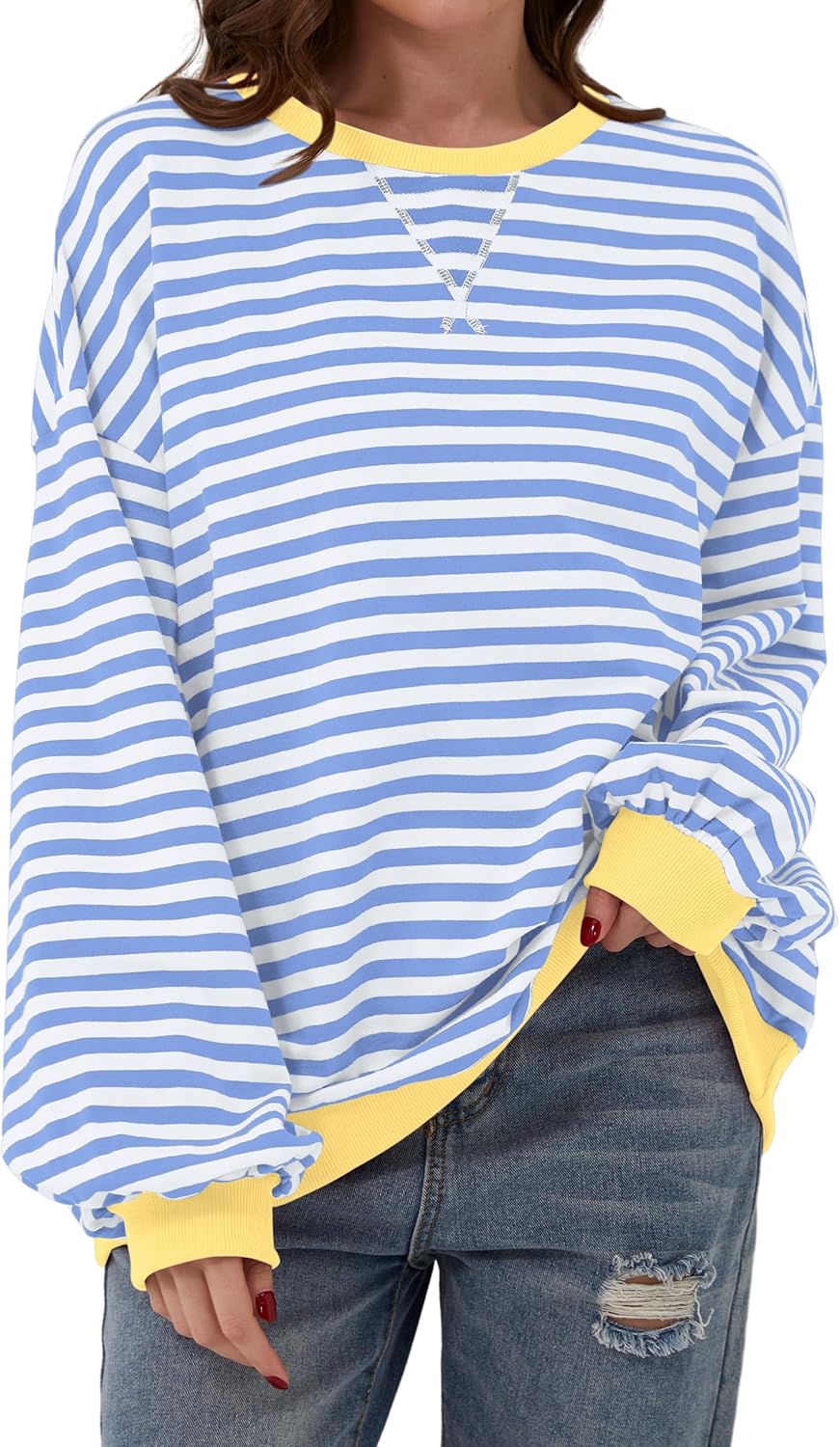 Women Oversized Striped Color Block Long Sleeve Crew Neck Sweatshirt Casual Loos...