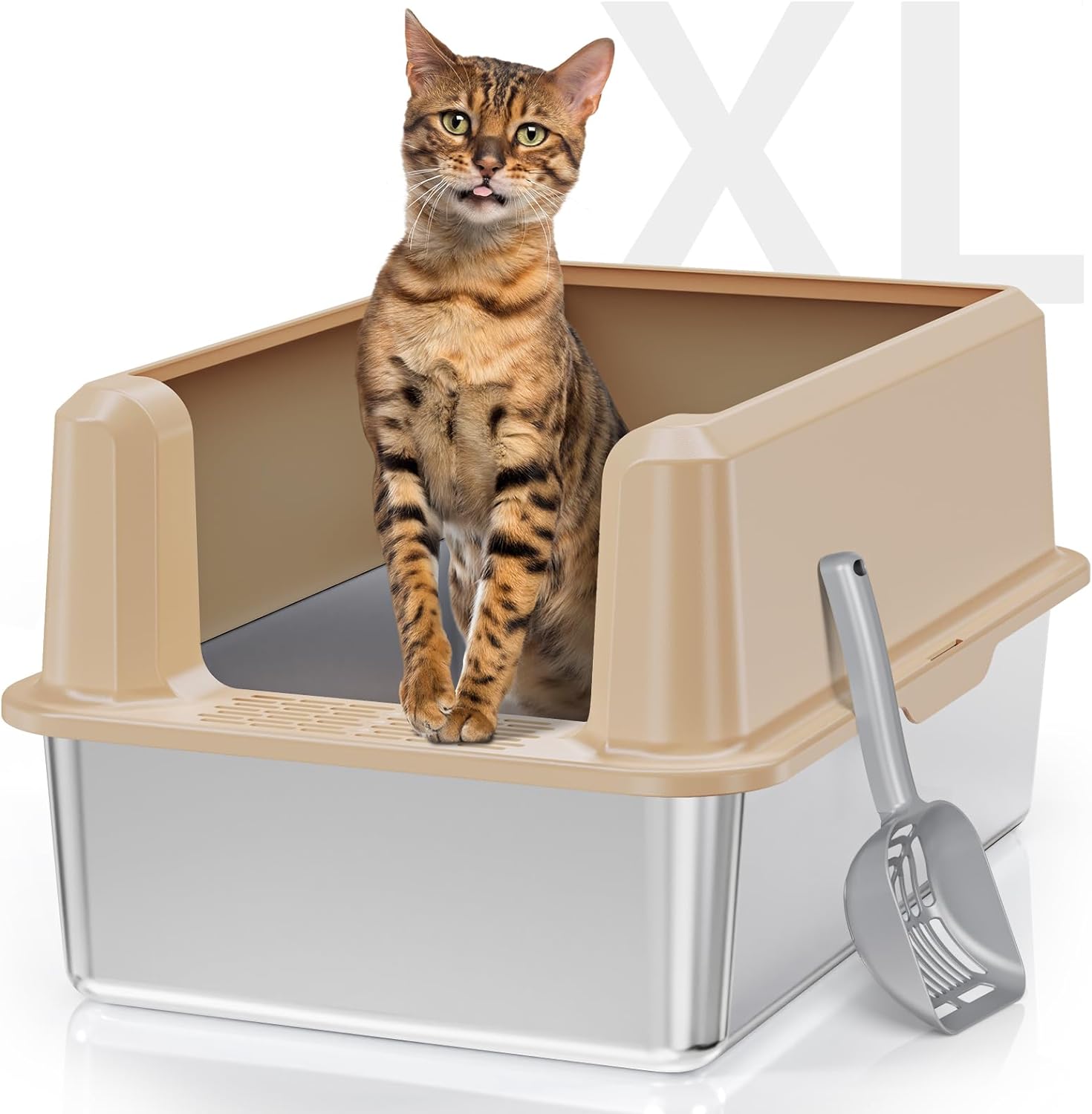 Enclosed Stainless Steel Cat Litter Box with High Side, X-Large Litter Box for B...