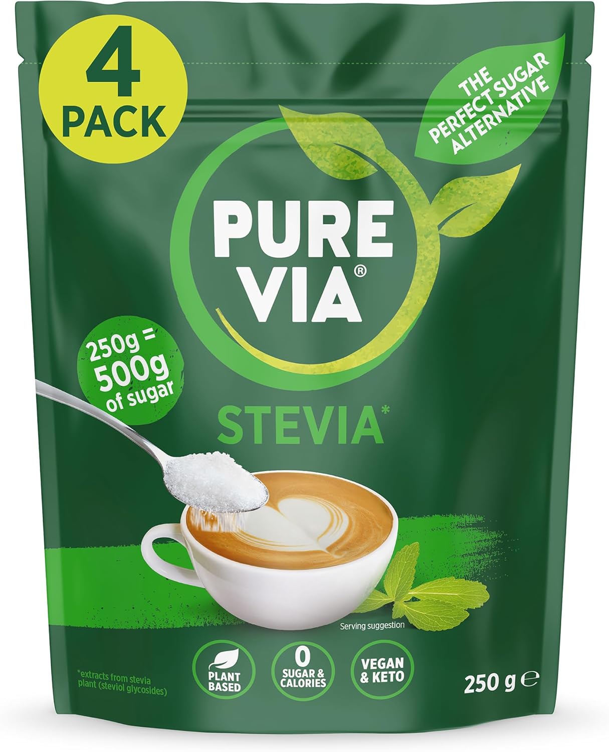 Pure Via Stevia Leaf Sweet Granules 250g X 4 (1Kg Pack) 250 g (Pack of 4)