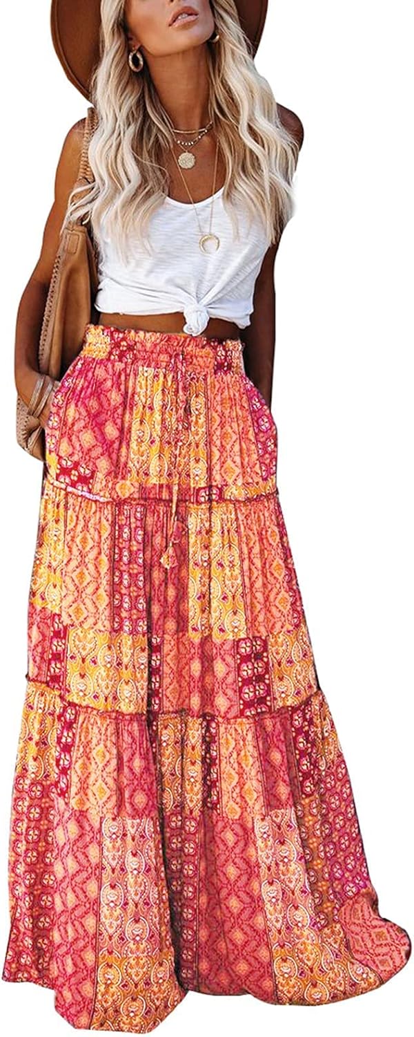 EARKOHA Womens Casual High Waist Tie Paisley Print Long Maxi Skirt with Pockets...