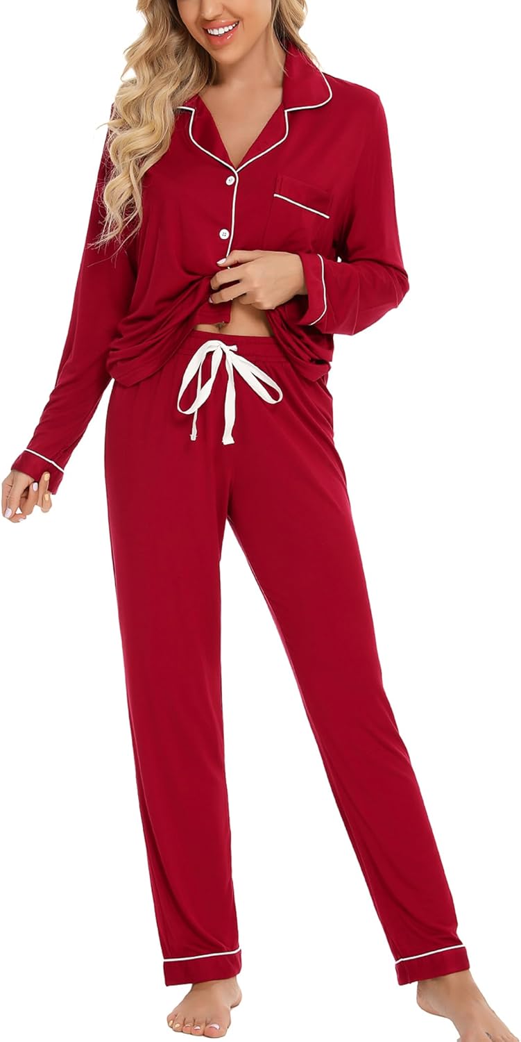 Leikar Button Up Pajama Set For Women Long Sleeve Shirt And Pajama Pants Soft Pj...