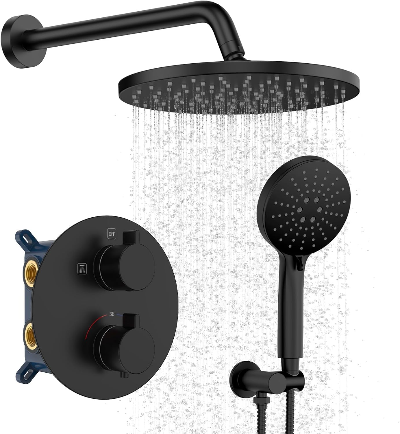 Iriber Thermostatic Shower System Wall Mount with 10 Inch Roud Rainfall Shower H...