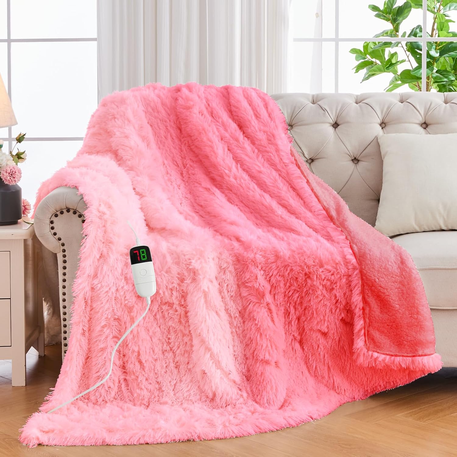 Heated Electric Blanket Faux Fur Throw Size with Fluffy Sherpa Back, Warm Gift P...