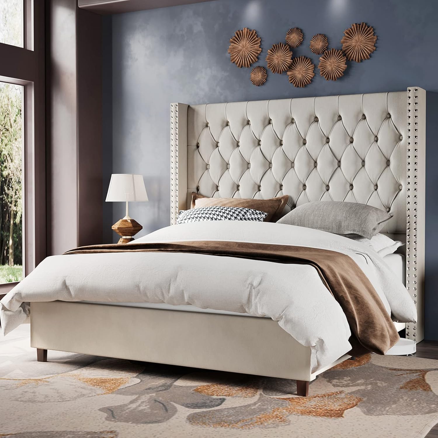 Jocisland Velvet Upholstered Bed Frame Queen Size 61.4" Tall Headboard Queen Bed...