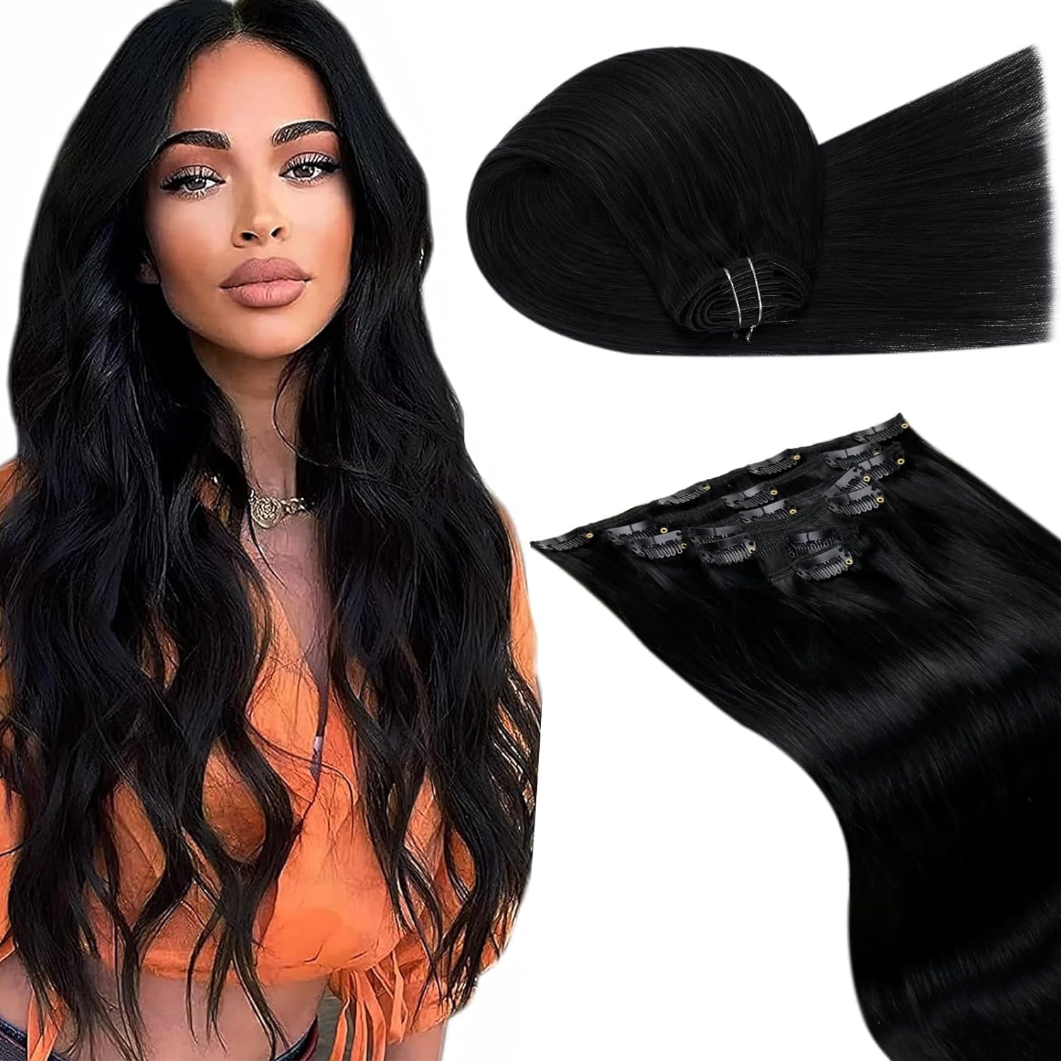 LaaVoo Clip in Hair Extensions Real Human Hair Black Women 28 Inch Hair Extensio...