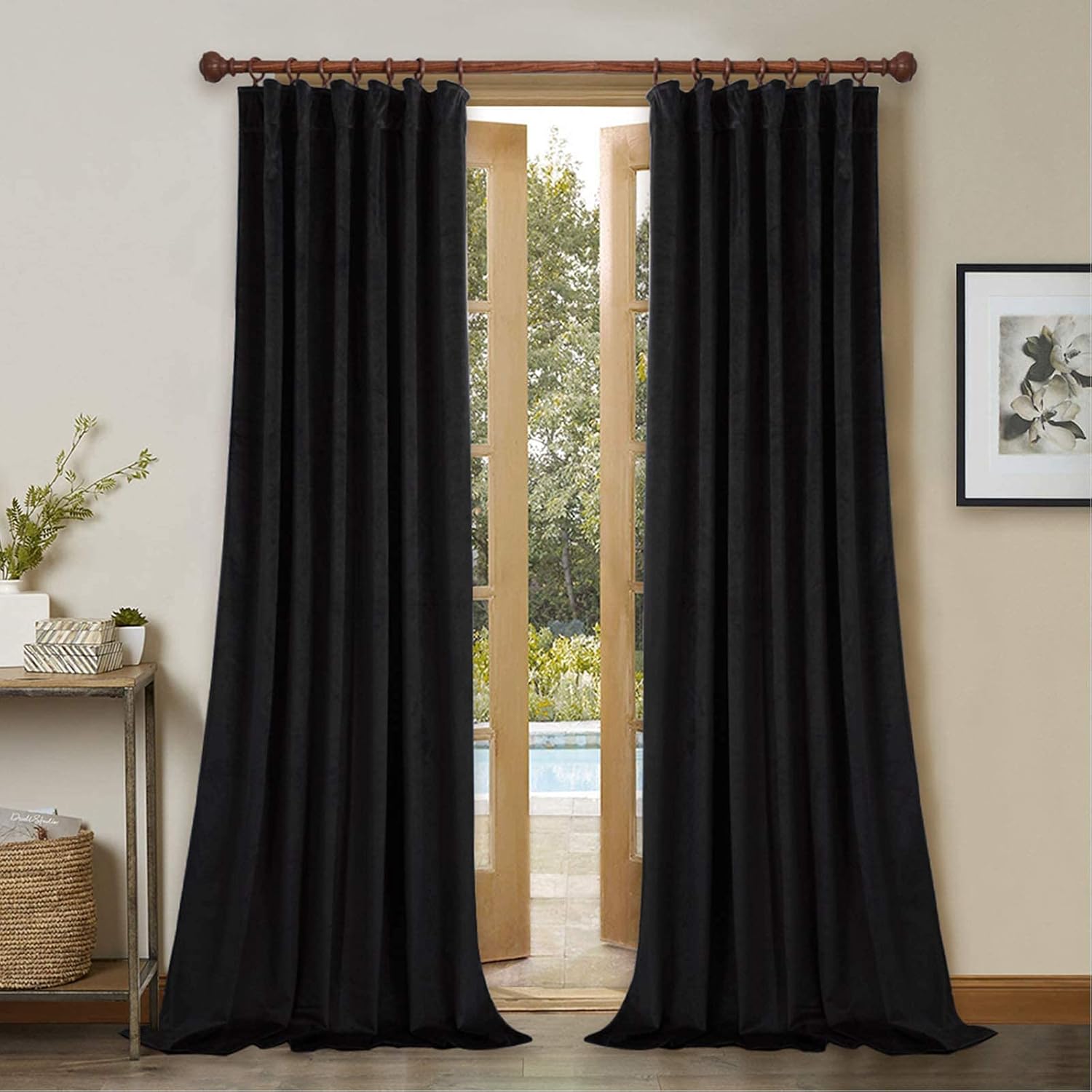 StangH Black Velvet Curtains Set of 2 Blackout Panels 120-inches Extra Long Thic...
