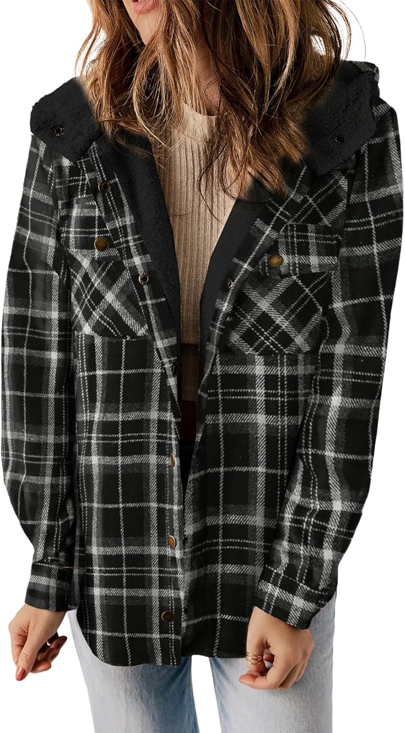 Dokotoo Womens Plaid Shacket Jacket Long Sleeve Button Down Fleece Hooded Jacket...