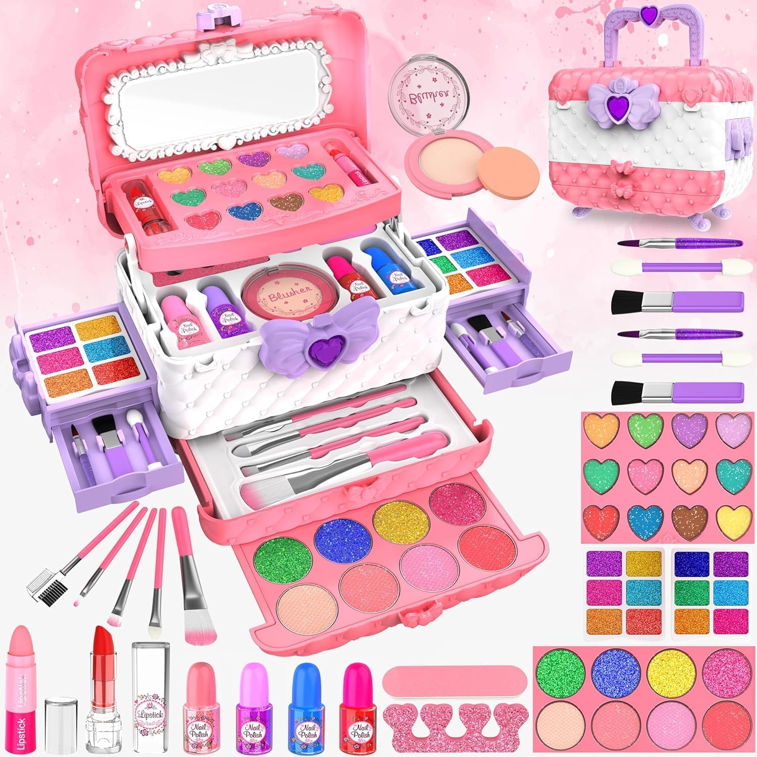 54 Pcs Kids Makeup Kits for Little Girls, Princess Real Washable Pretend Play Co...