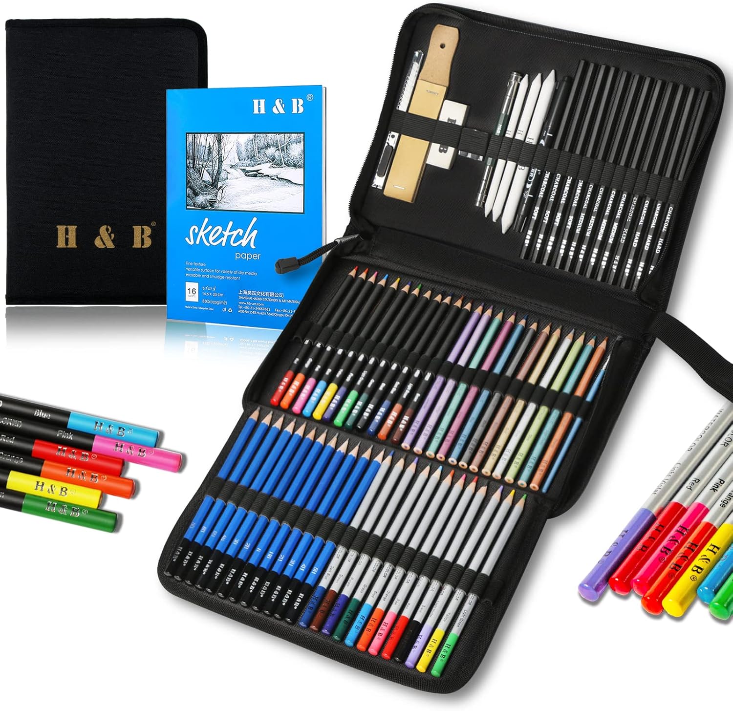 H & B Drawing Pencils and Sketch Pad 72 Pieces, Artist Colouring Pencils Sketchi...