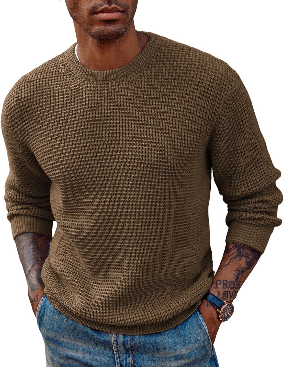 PJ PAUL JONES Mens Crewneck Pullover Sweater Waffle Textured Long Sleeve Knitted...