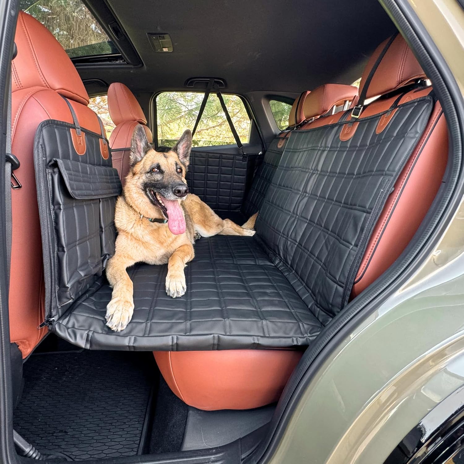 Leather Backseat Extender for Dogs, 100% Waterproof Hard Bottom Dog Car Seat Cov...