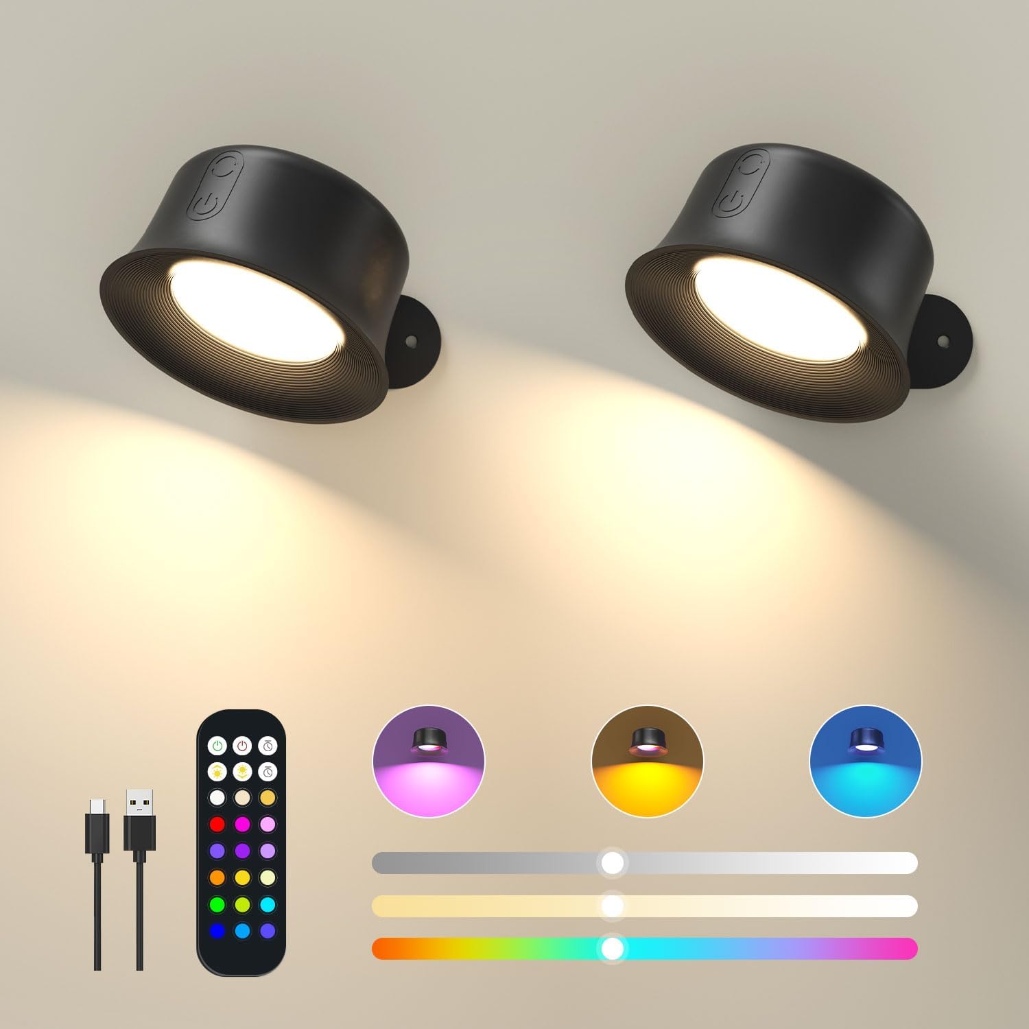 FULEN Wall Lights, 2 Pack LED Wall Lamp with 18 RGB Colors, 3200mAh Rechargeable...