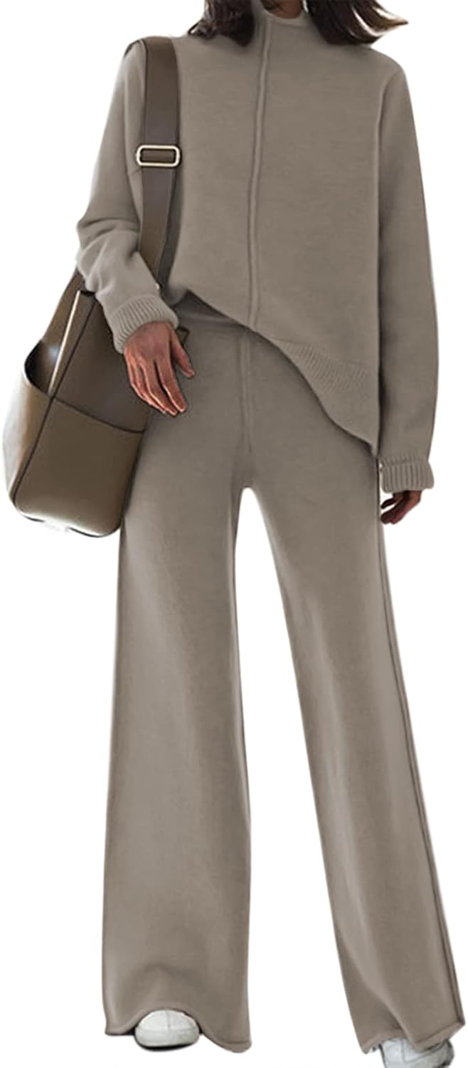 Viottiset Women's 2 Piece Outfits Sweater Set Wide Leg Pants High Neck Sweatsuit...