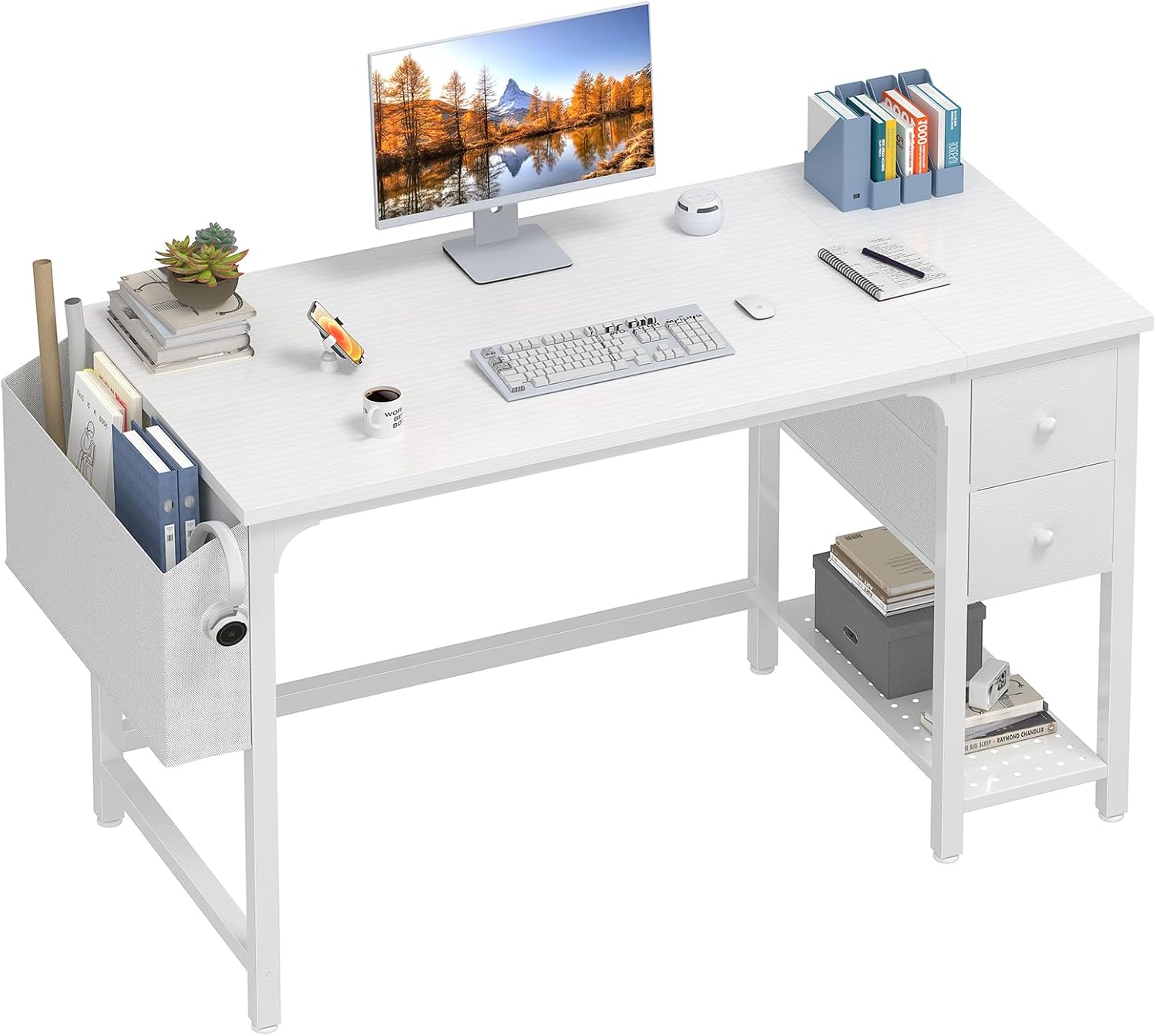 Lufeiya White Small Desk with Fabric Drawers, 47 Inch Computer Desk for Small Sp...