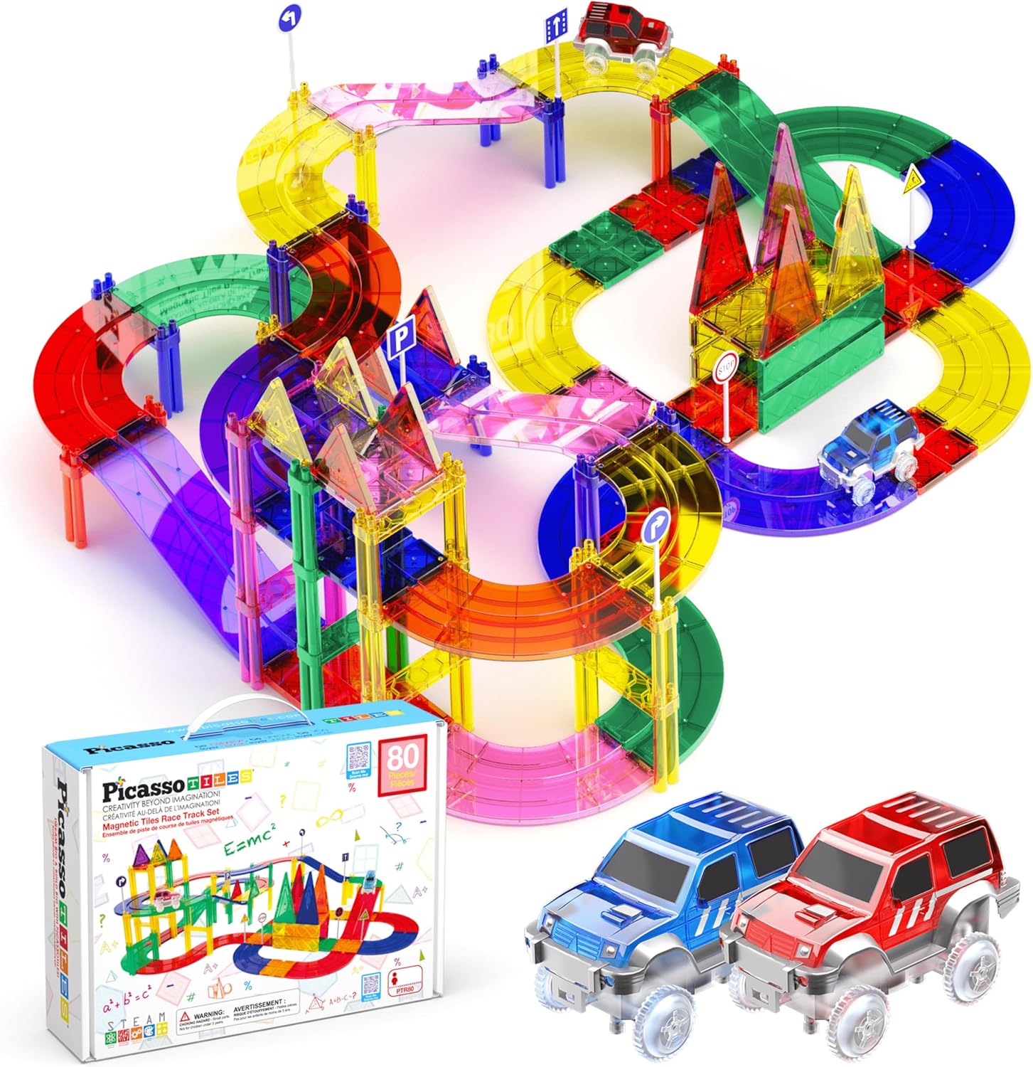 PicassoTiles 80 Piece Race Car Track Building Block Educational Toy Set Magnetic...