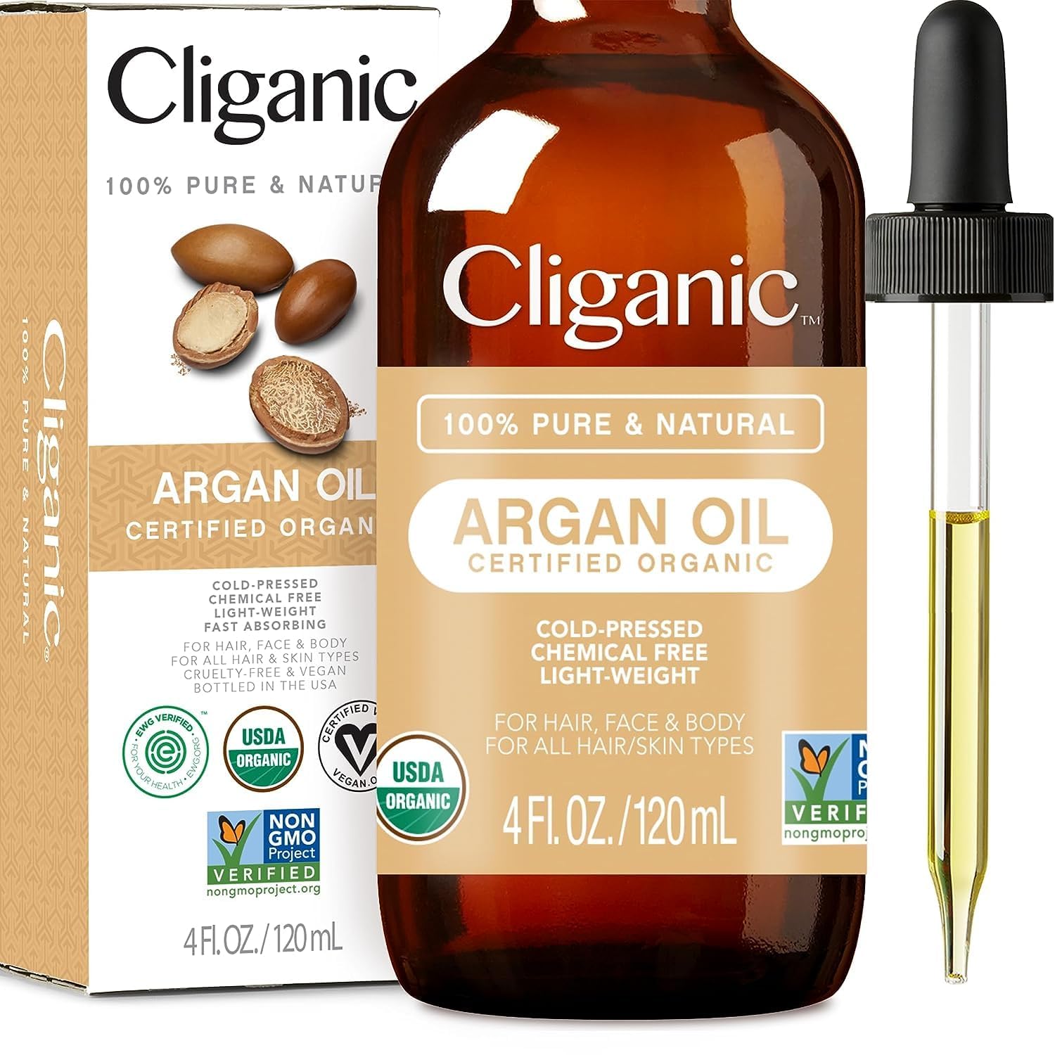 Cliganic USDA Organic Argan Oil, 100% Pure | for Hair, Face & Skin | Natural Col...