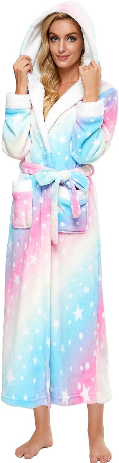 iniber Dressing Gown for Women, Soft Plush Fleece Hooded Bathrobe Plush Loungewe...