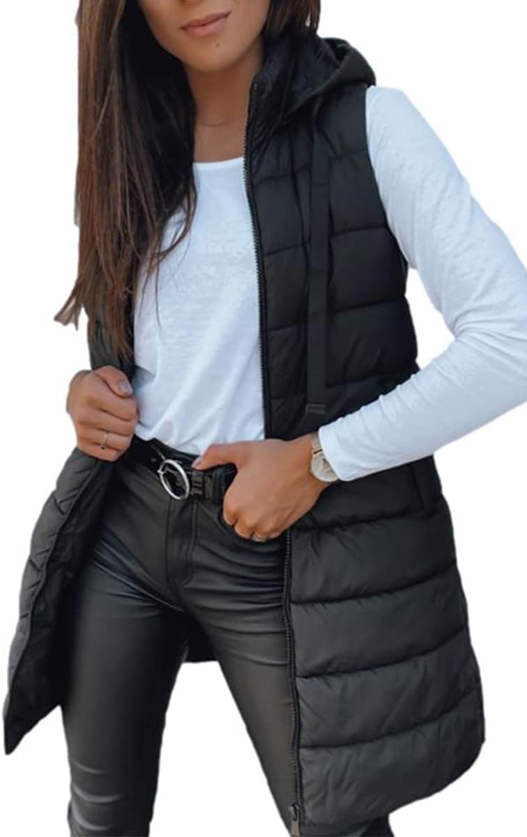 Veatzaer Women Long Vest Solid Color Sleeveless Hood Winter Puffer Vest Outwear...